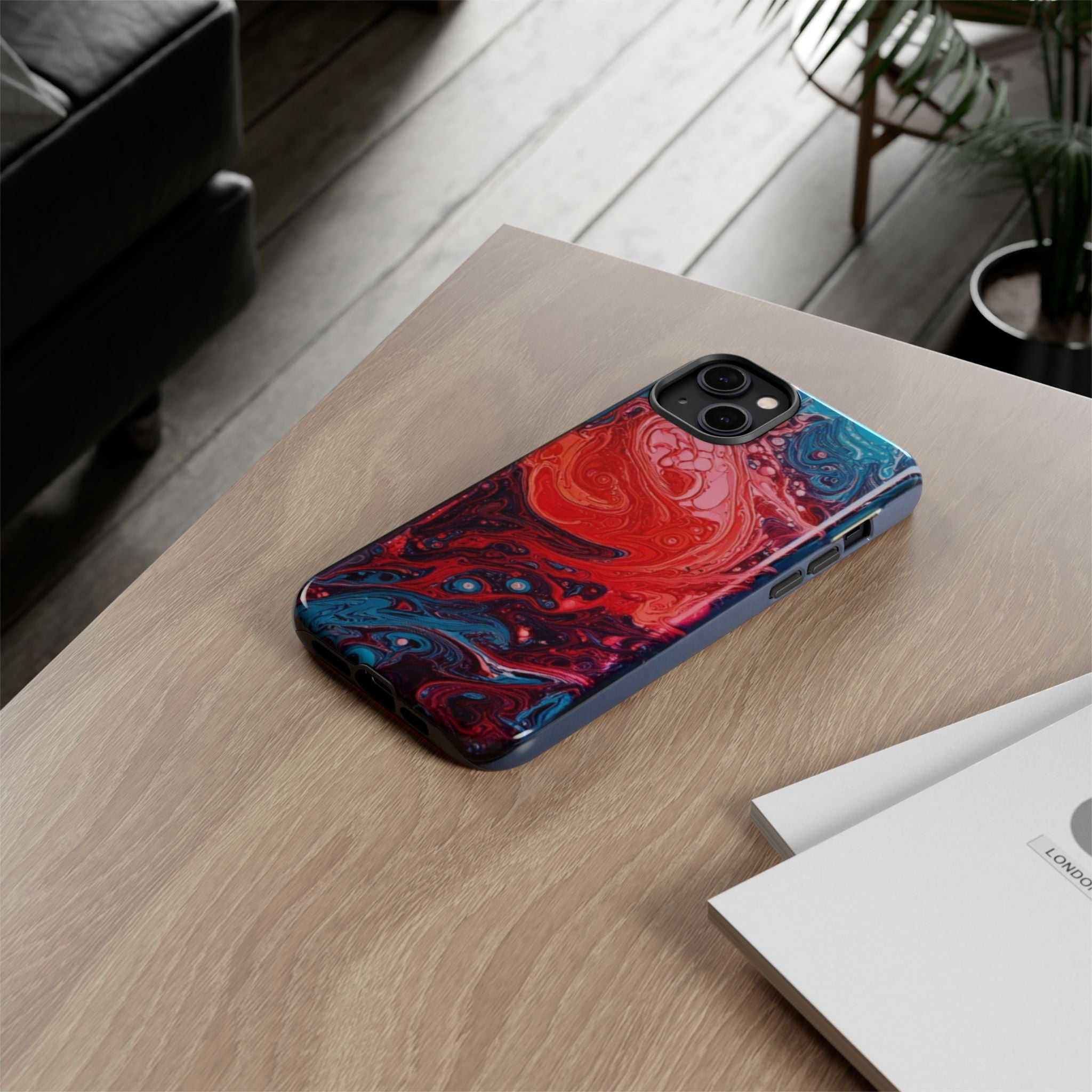 Abstract Red & Blue Swirl Tough Phone Case — Protective iPhone Cover with Fluid Art Design