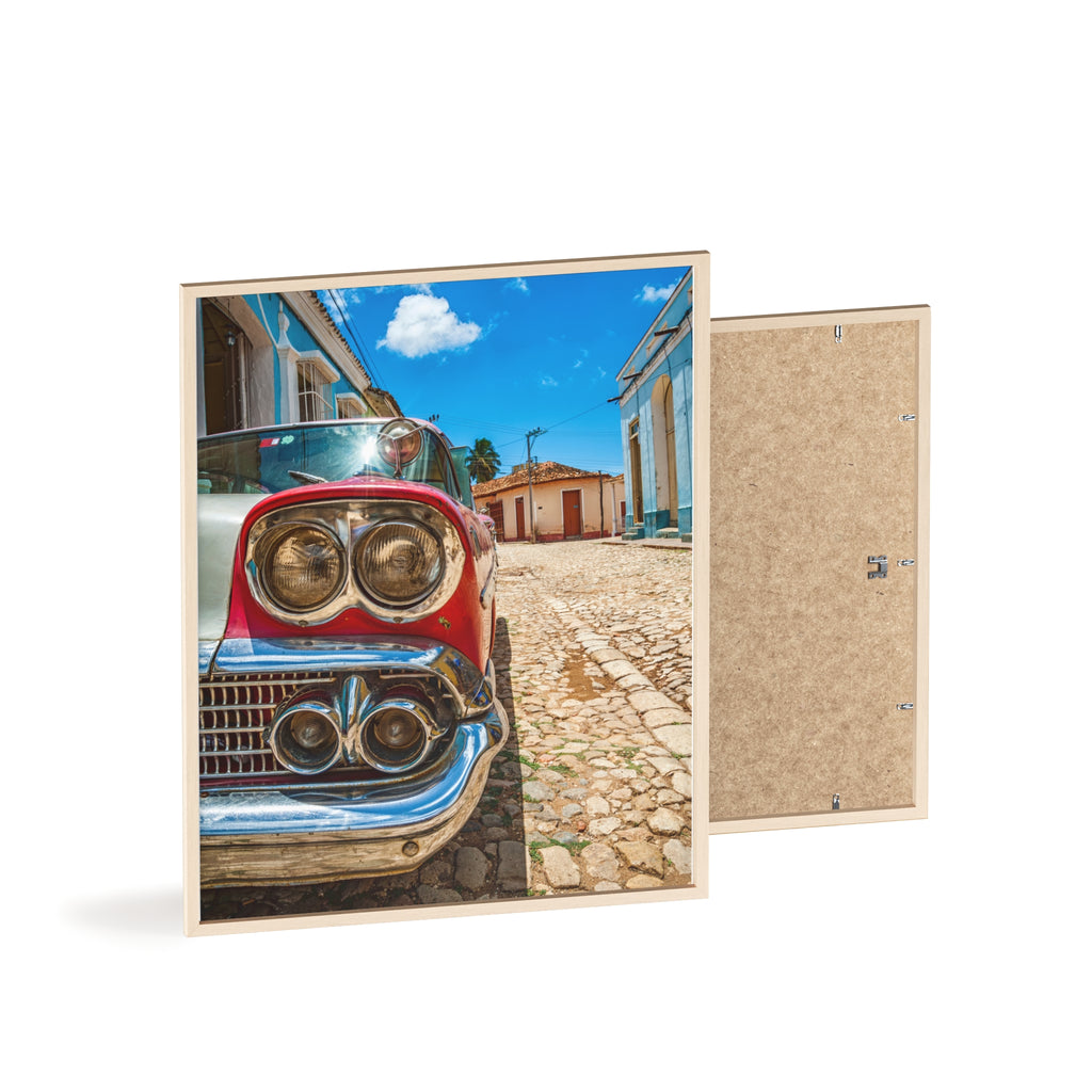 Vintage Classic Car Poster with Wooden Frame — Retro Cuba Street Photography Wall Art