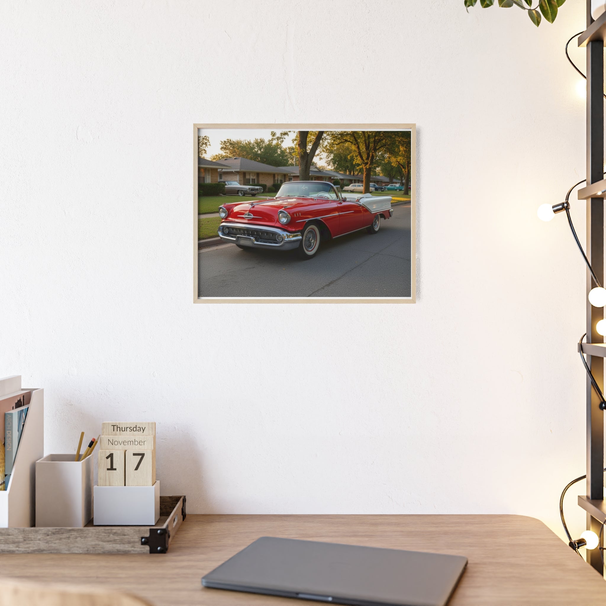 Vintage Red Convertible Poster with Wooden Frame — Classic Car Wall Art