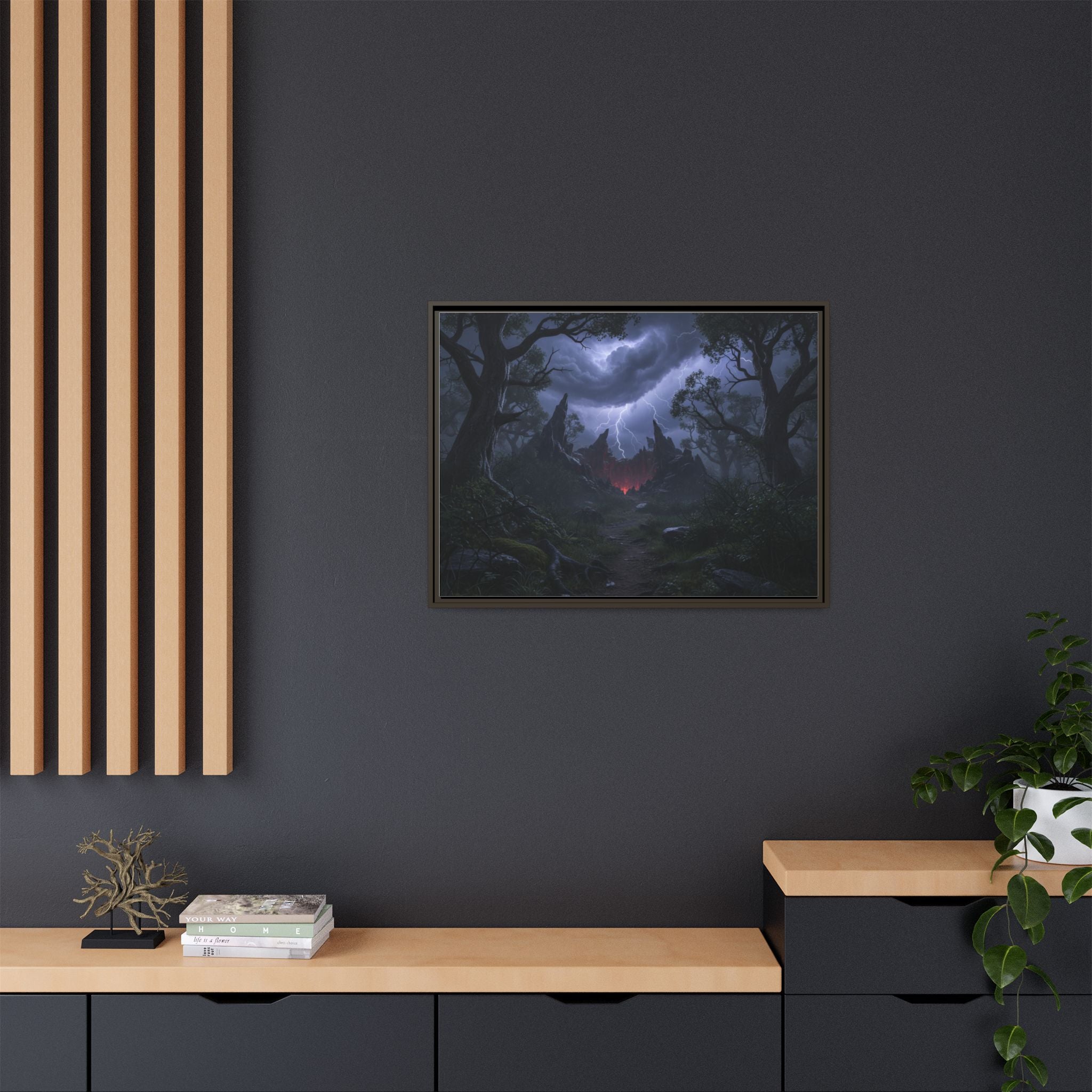 Dark Storm Forest Framed Canvas Print — Lightning, Haunted Castle Art