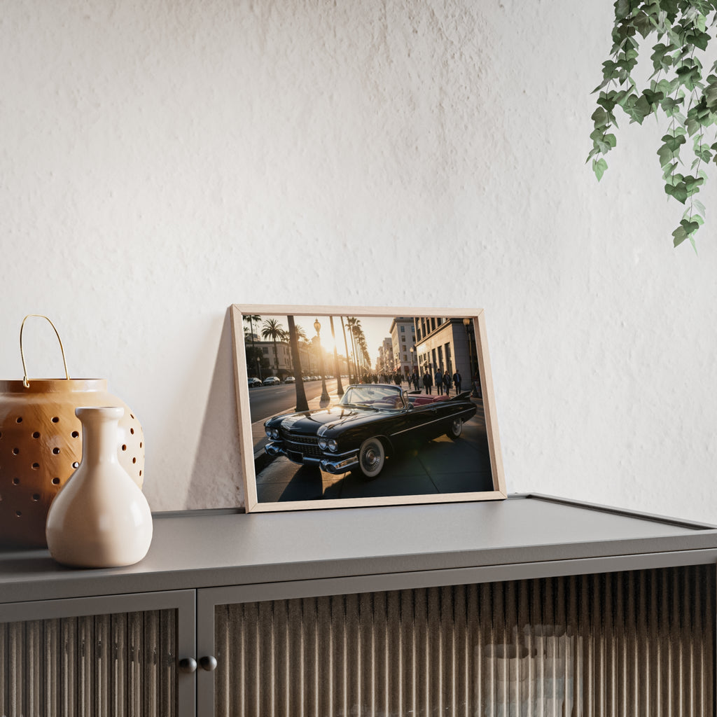 Vintage Convertible Sunset Poster with Wooden Frame