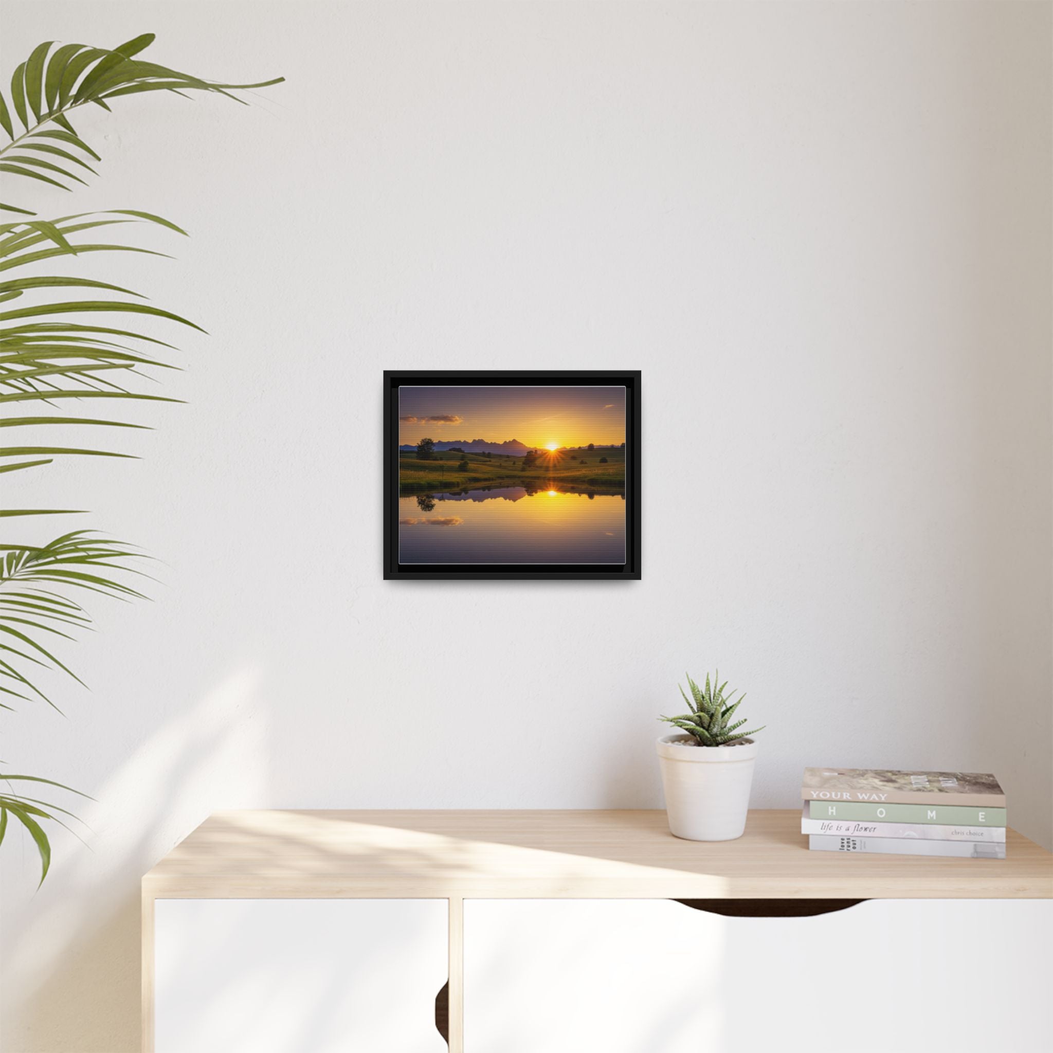Framed Matte Canvas Sunset Landscape — Serene Lake Reflection Wall Art