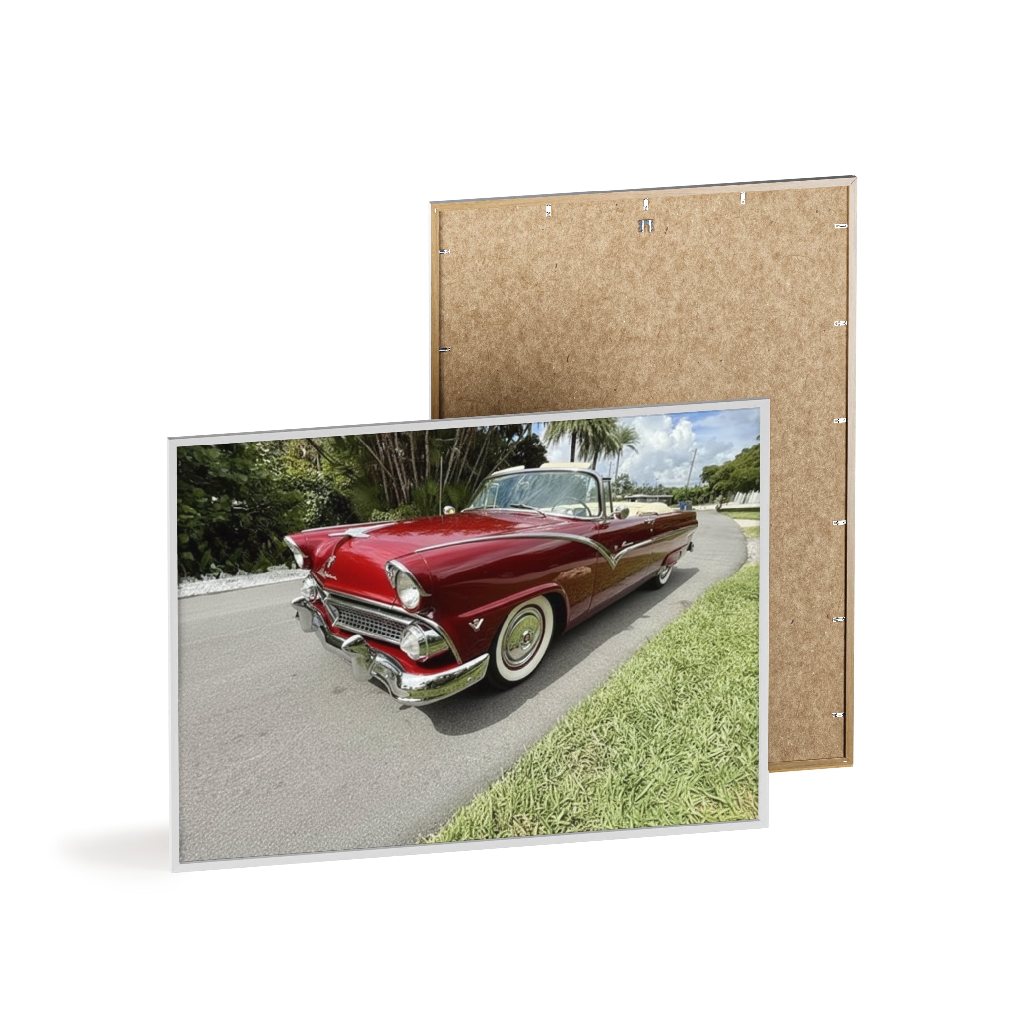 Vintage Red Convertible Poster with Wooden Frame — Classic Car Wall Art