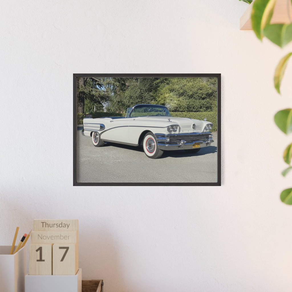 Classic White Convertible Car Poster with Wooden Frame — Vintage Auto Wall Art