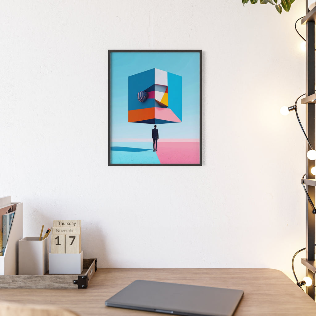 Surreal Geometric Art Poster with Wooden Frame — Modern Minimal Wall Decor