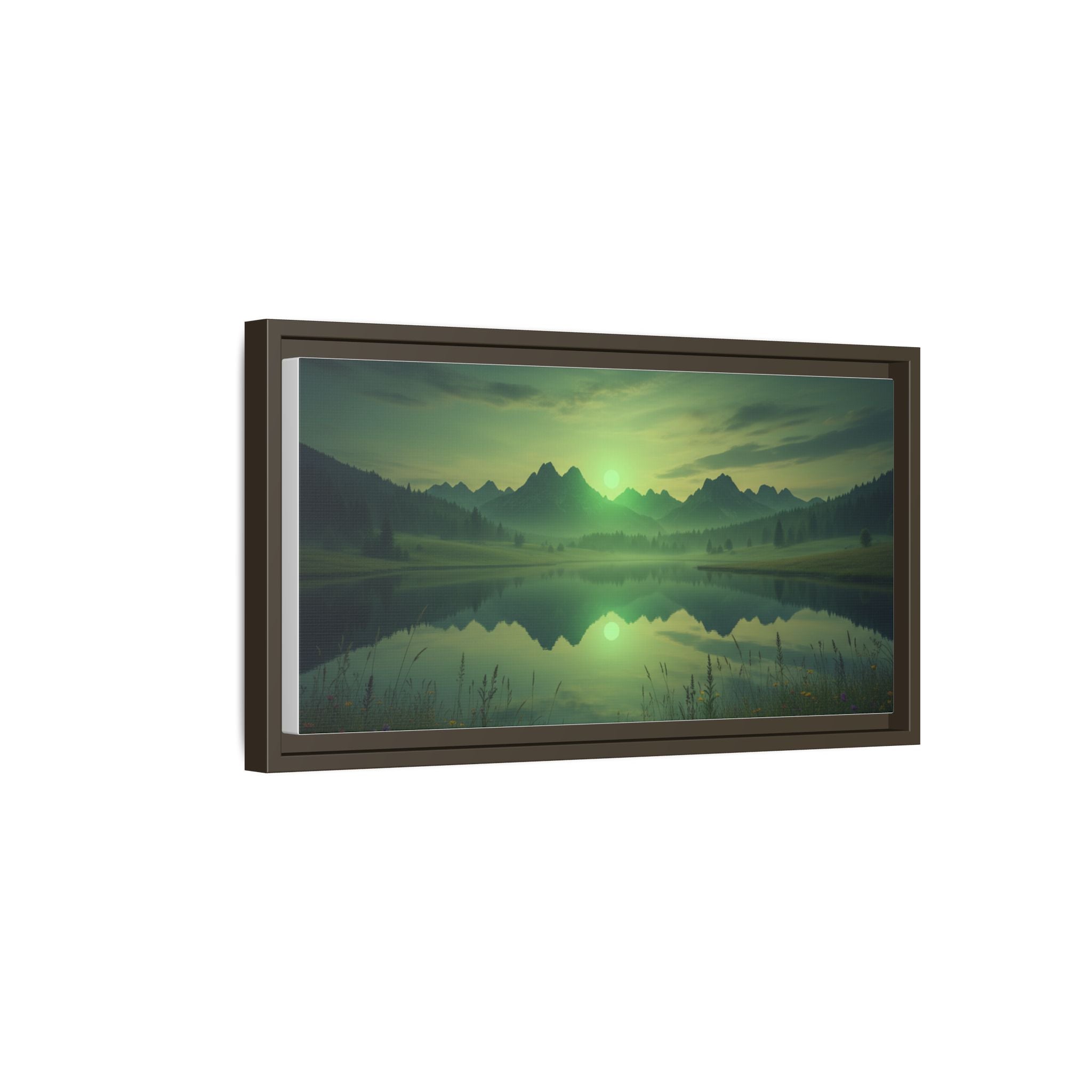 Framed Matte Canvas Print — Serene Green Mountain Lake Landscape