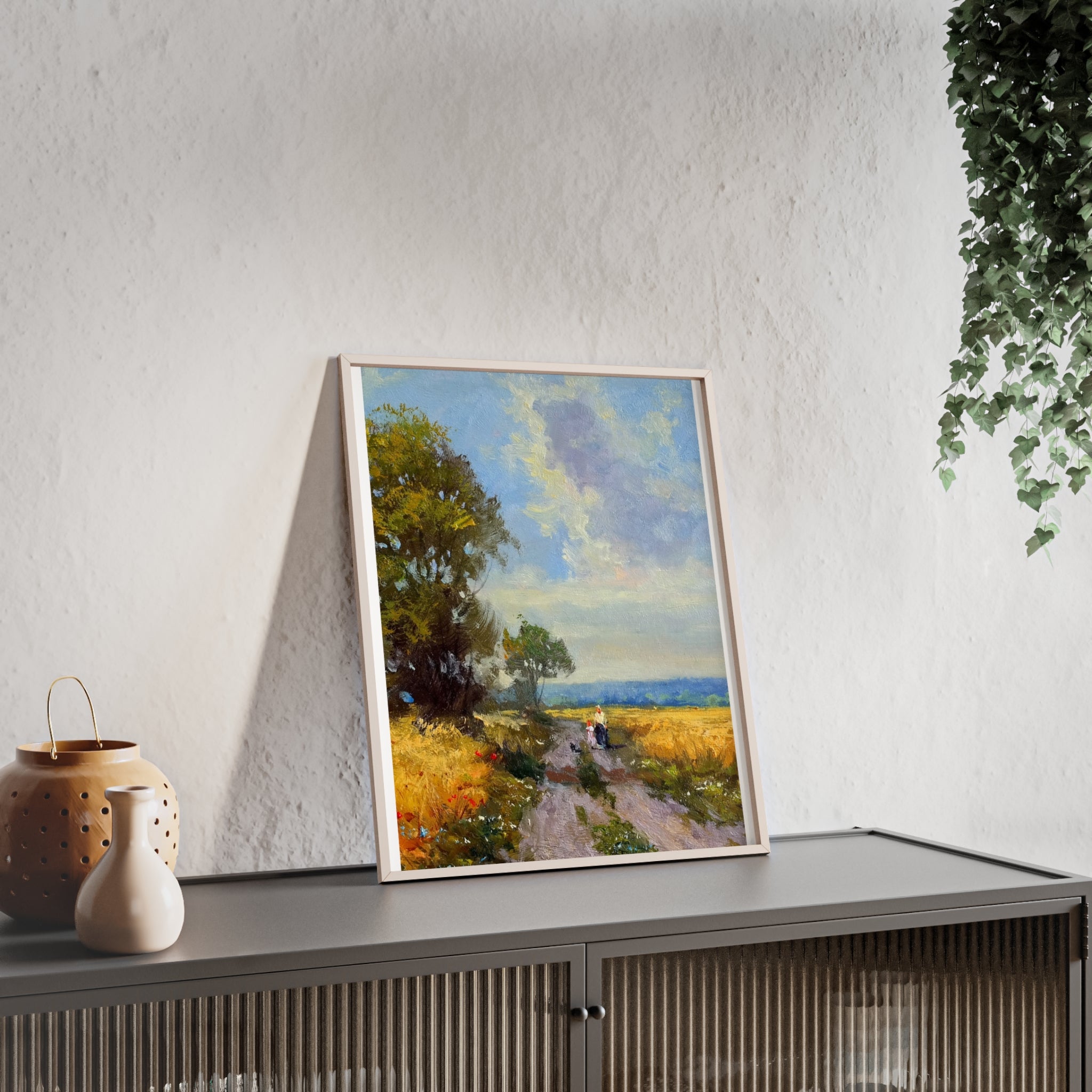 Framed Countryside Landscape Poster — Rustic Wooden Frame Wall Art