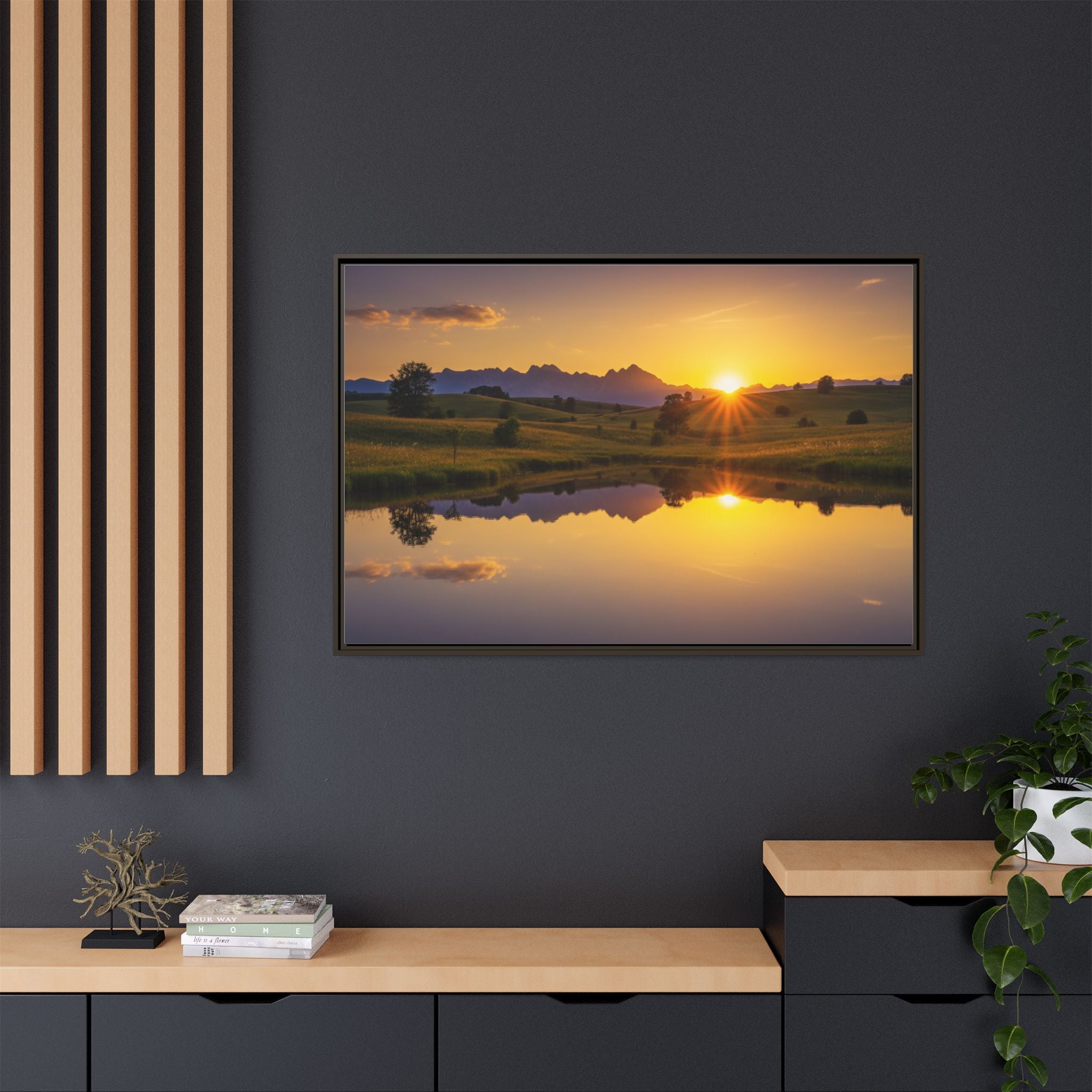 Framed Matte Canvas Sunset Landscape — Serene Lake Reflection Wall Art