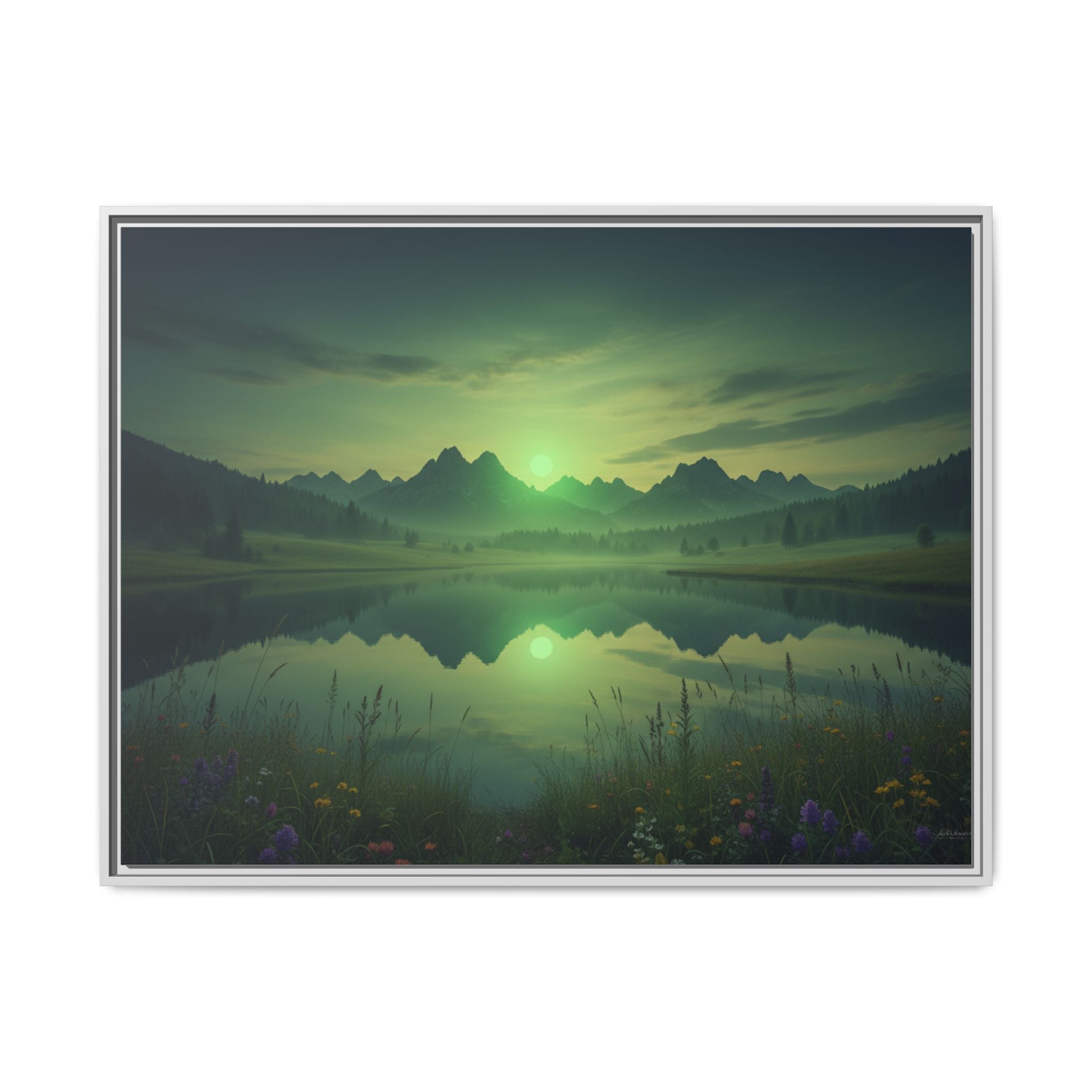 Framed Matte Canvas Print — Serene Green Mountain Lake Landscape