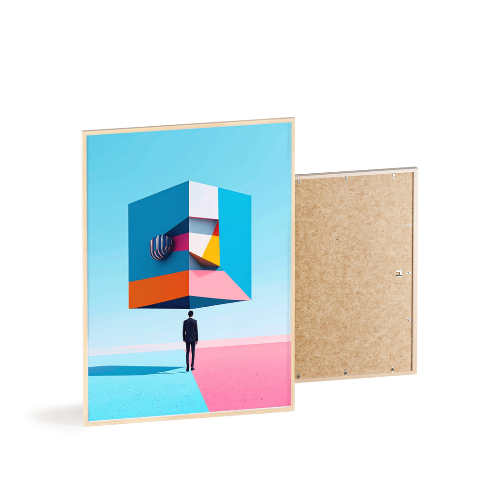 Surreal Geometric Art Poster with Wooden Frame — Modern Minimal Wall Decor