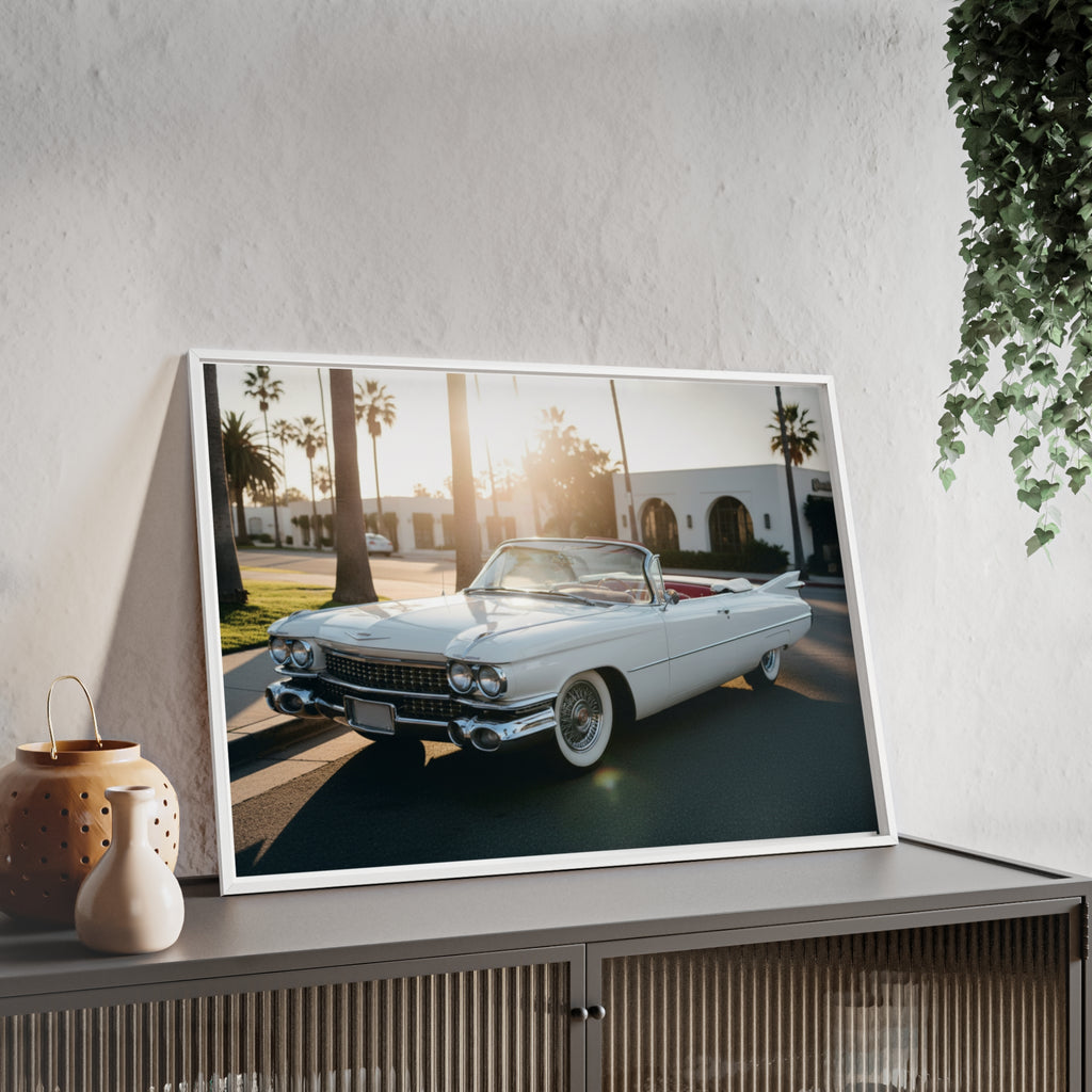 Vintage Cadillac Convertible Poster with Wooden Frame — Retro Palm Trees Sunset Wall Art