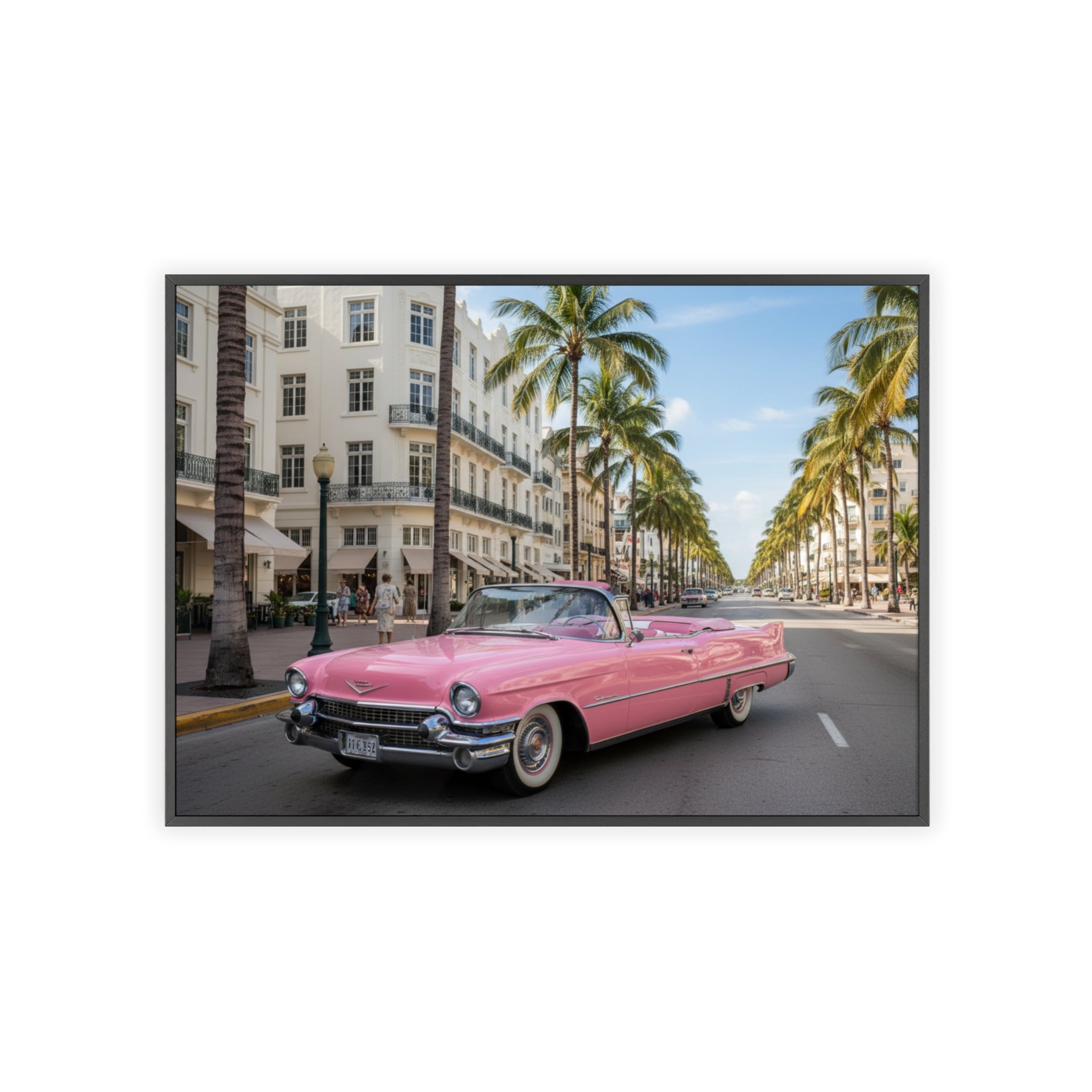 Vintage Pink Cadillac Wall Poster with Wooden Frame — Retro Miami Palm Street Photography