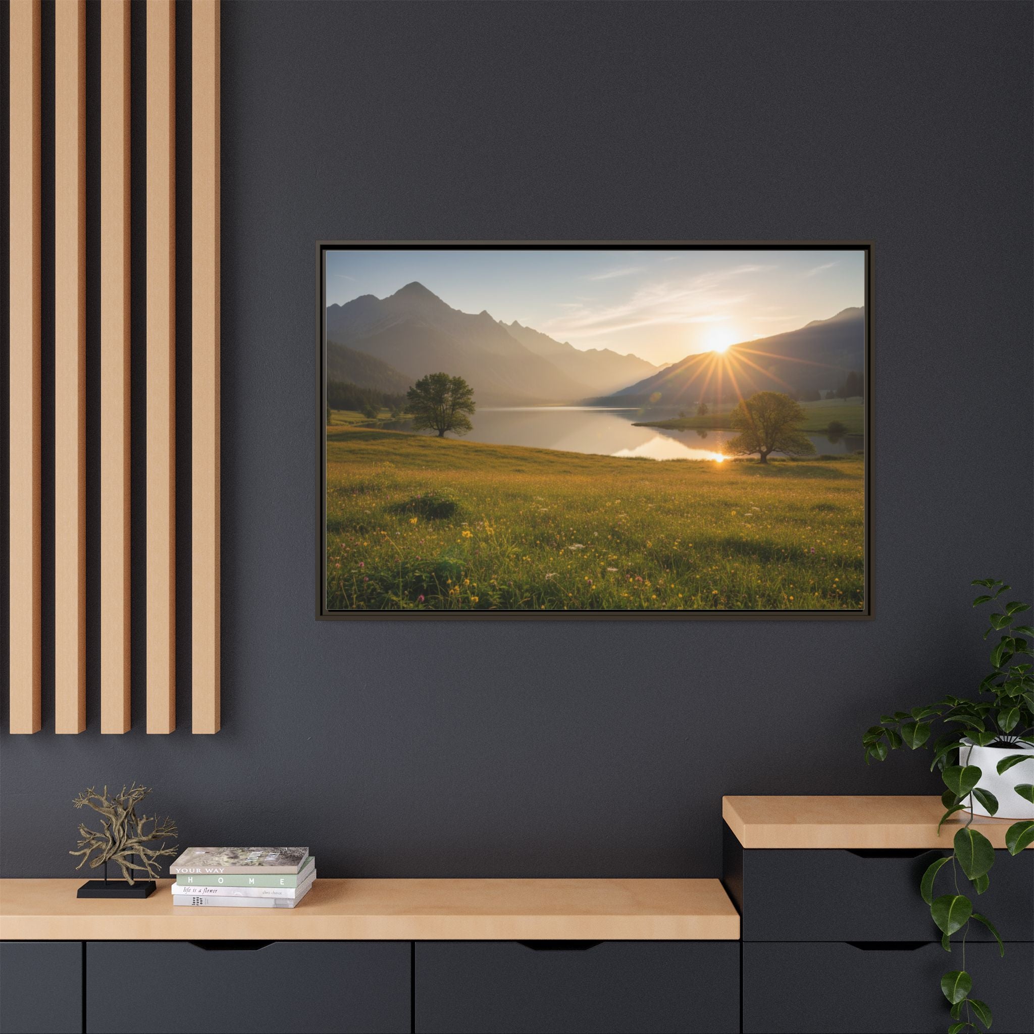 Sunrise Mountain Lake Matte Canvas — Framed Landscape Wall Art