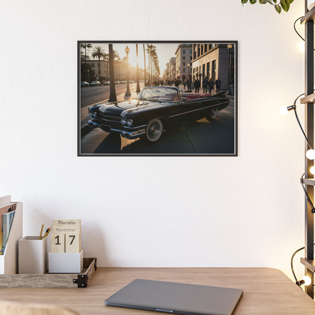 Vintage Convertible Sunset Poster with Wooden Frame