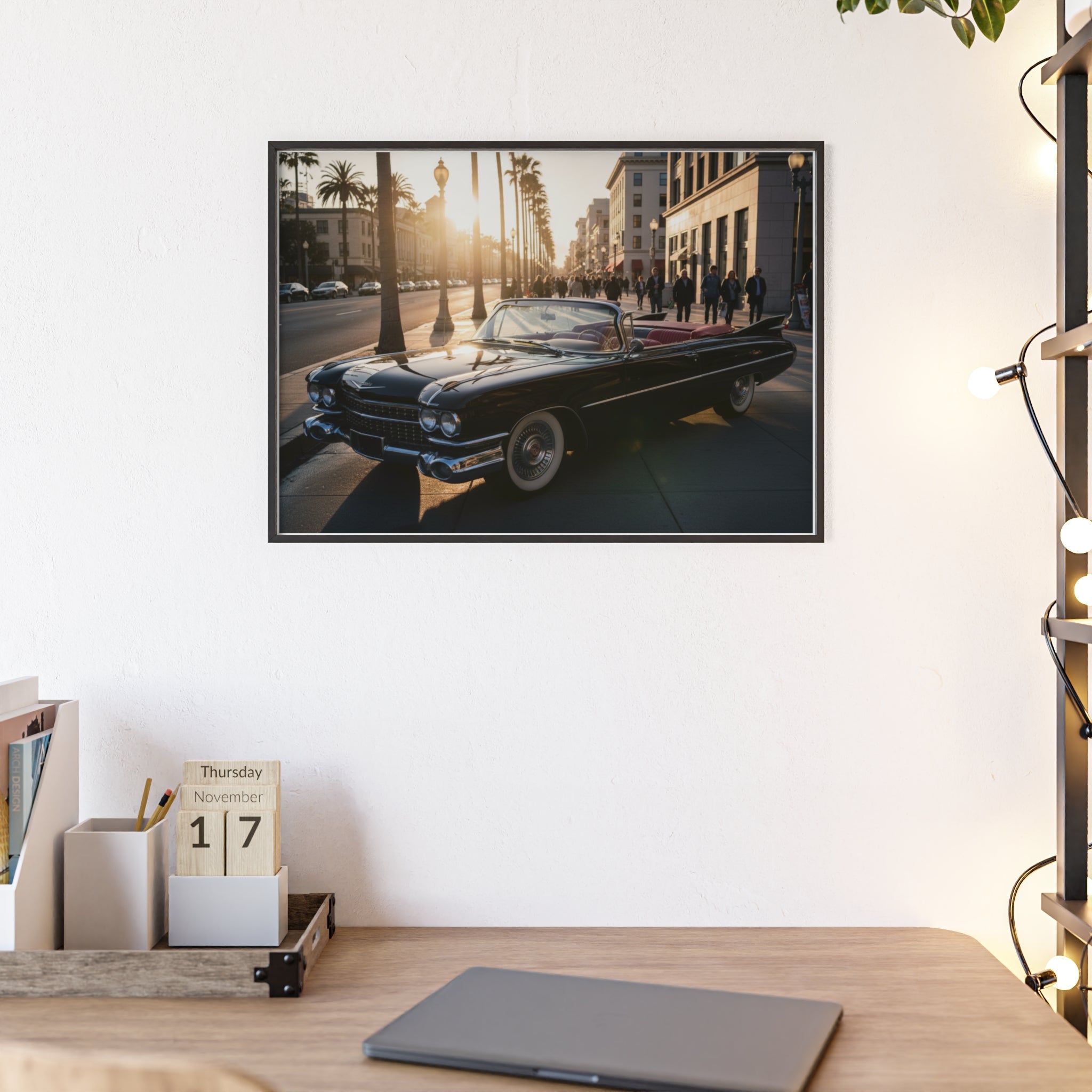Vintage Convertible Sunset Poster with Wooden Frame
