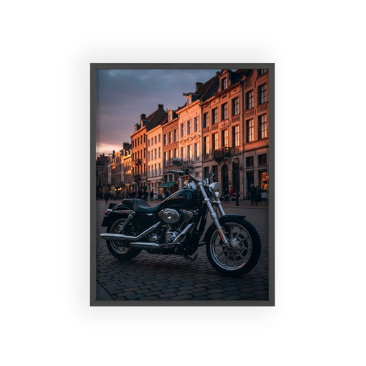 Vintage Motorcycle Poster with Wooden Frame — Urban Sunset Bike Wall Art