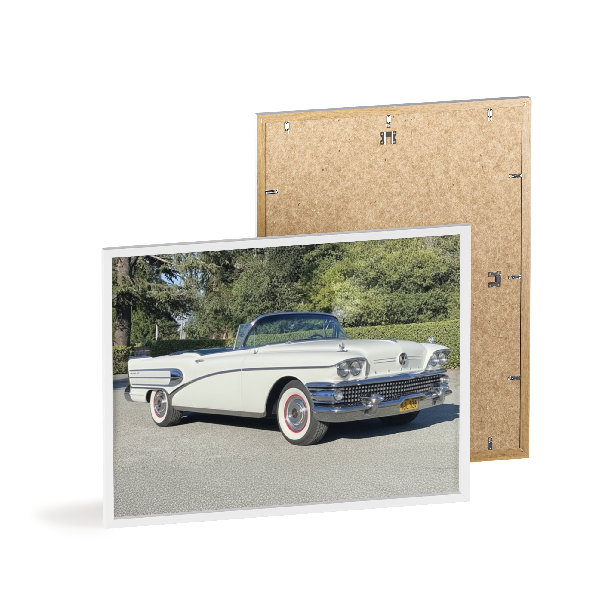 Classic White Convertible Car Poster with Wooden Frame — Vintage Auto Wall Art