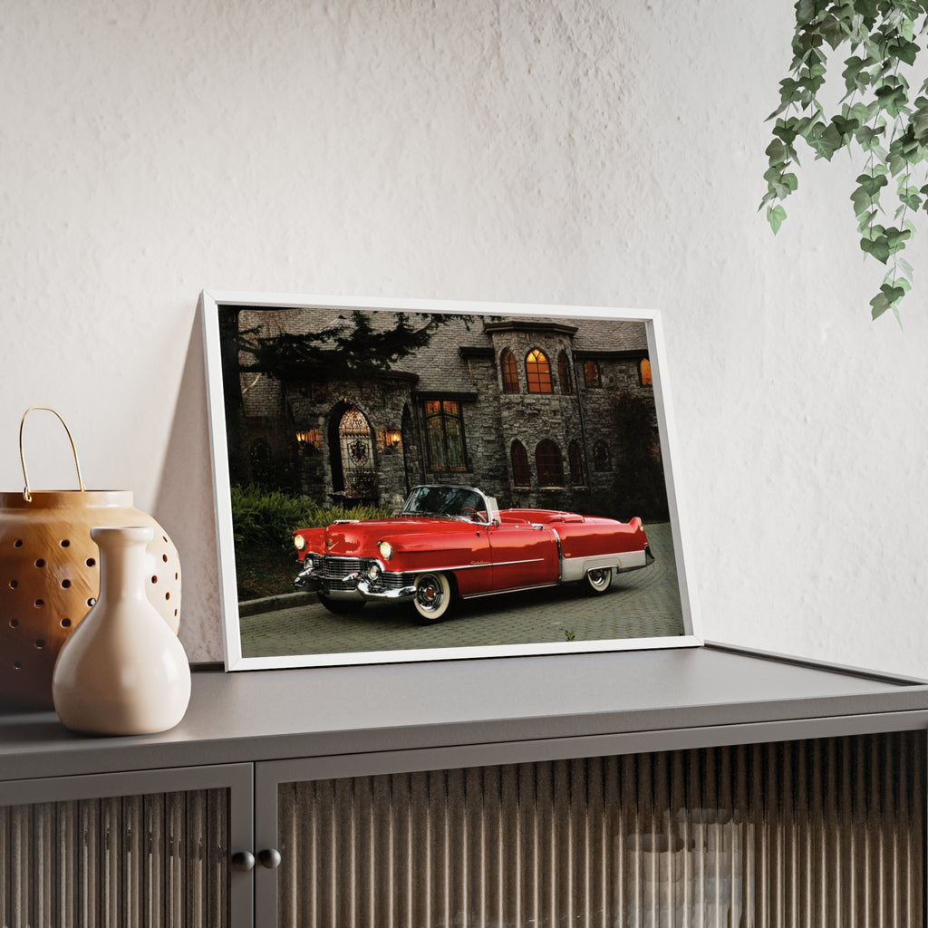 Vintage Red Convertible Poster with Wooden Frame — Classic Car Wall Art