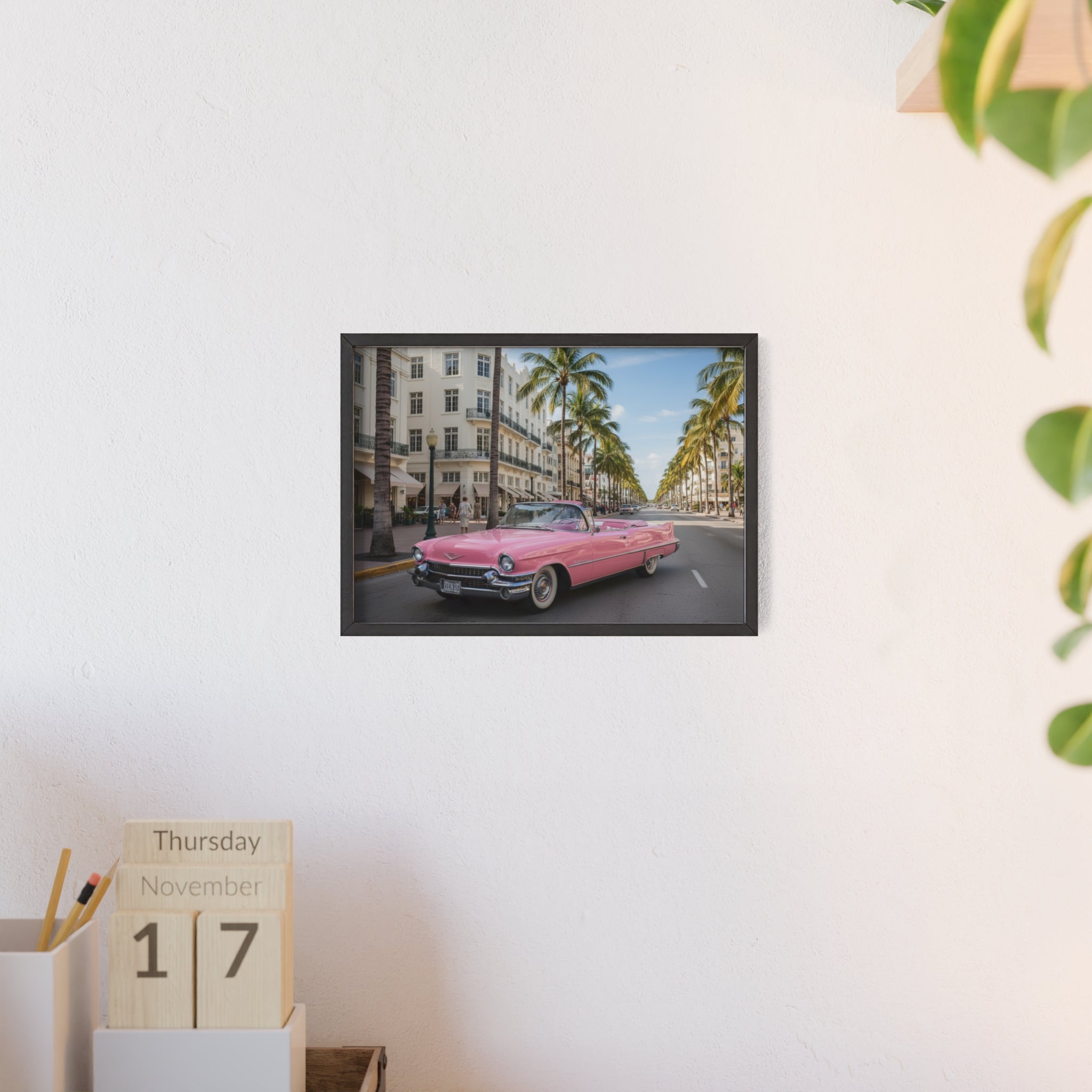 Vintage Pink Cadillac Wall Poster with Wooden Frame — Retro Miami Palm Street Photography