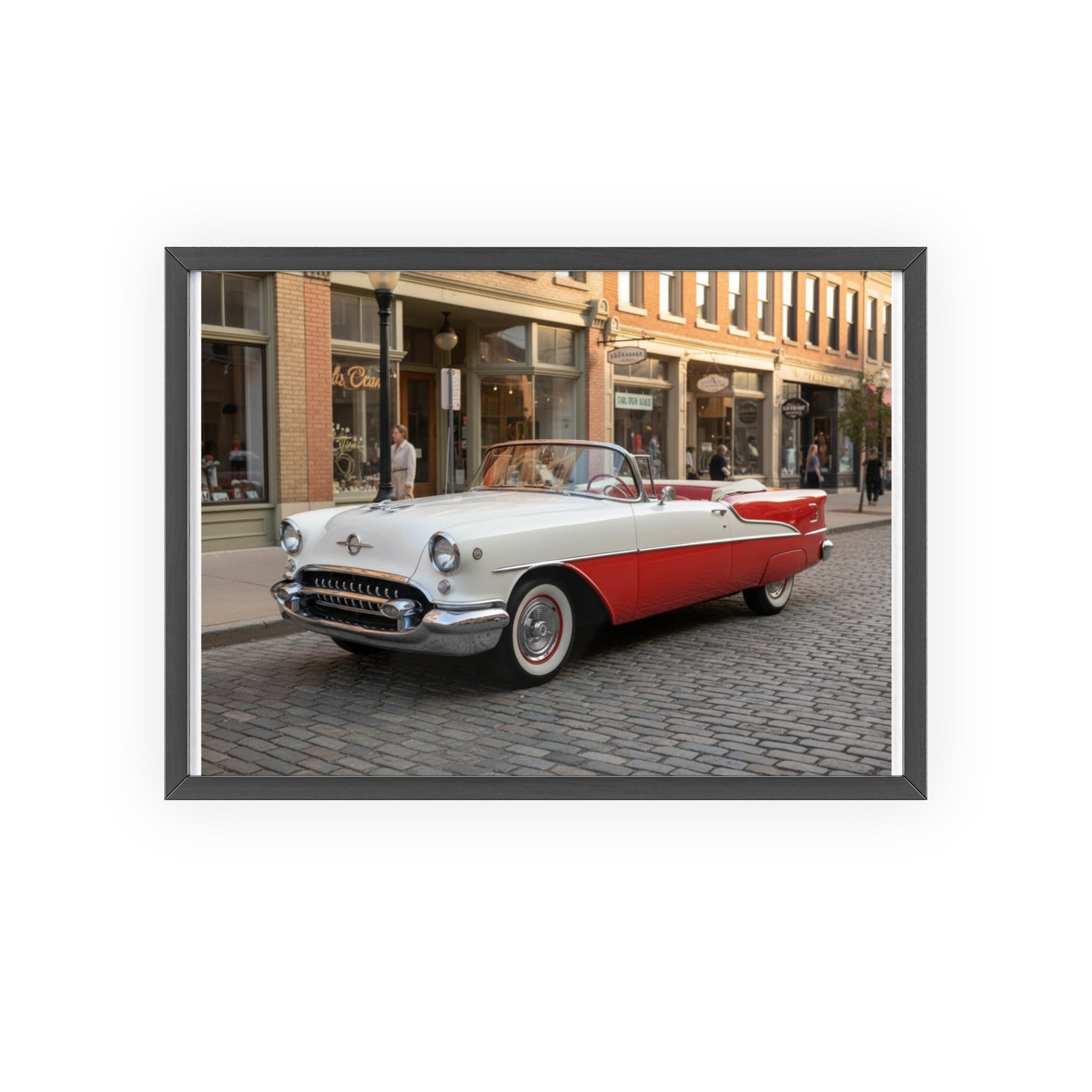 Vintage Red & White Convertible Poster with Wooden Frame — Retro Car Wall Art