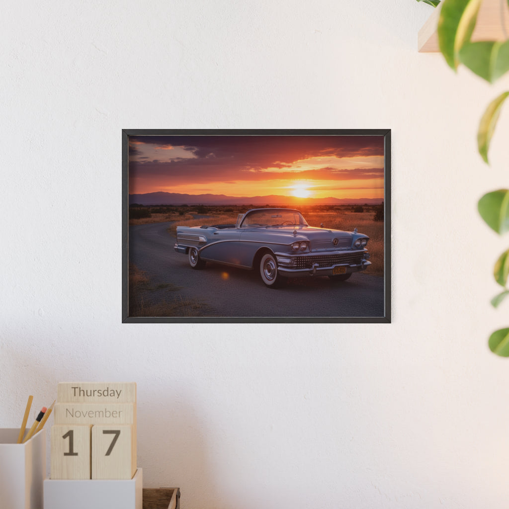 Vintage Convertible Sunset Poster with Wooden Frame