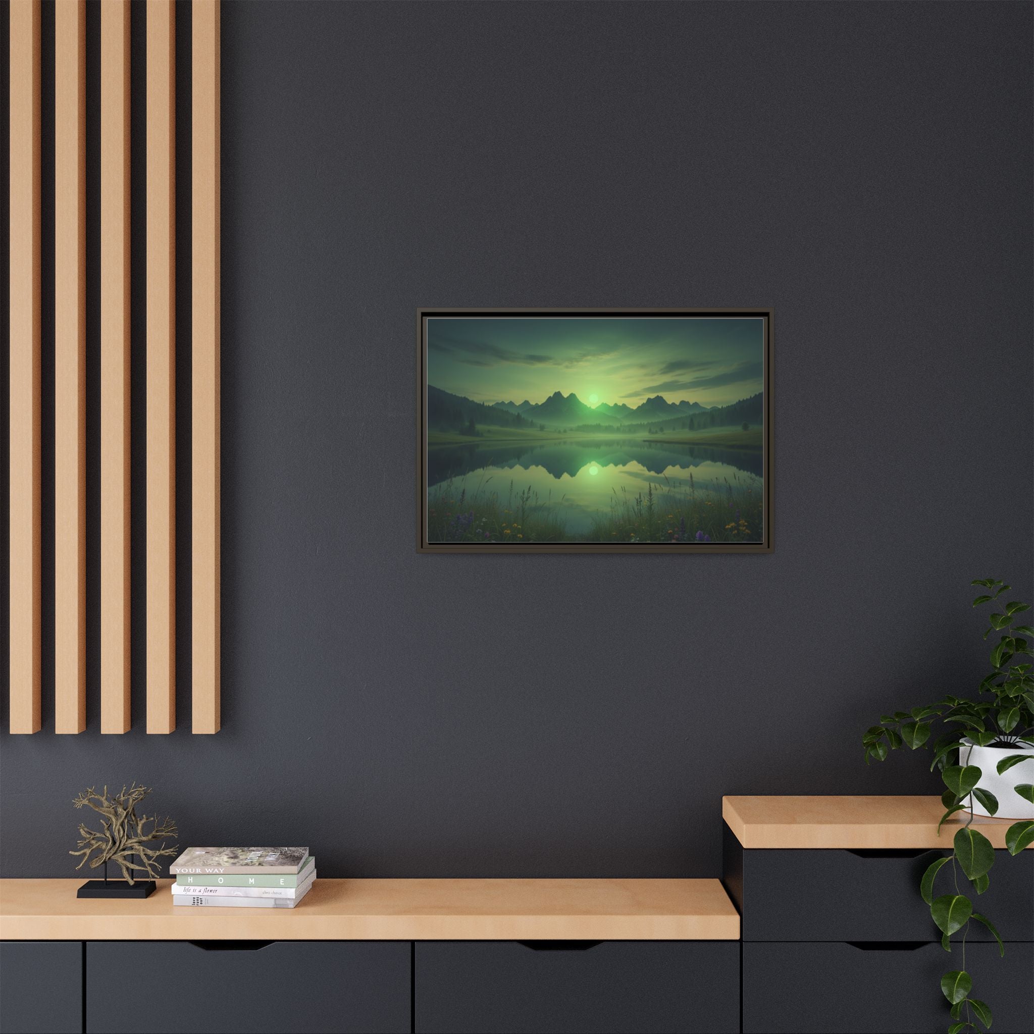 Framed Matte Canvas Print — Serene Green Mountain Lake Landscape
