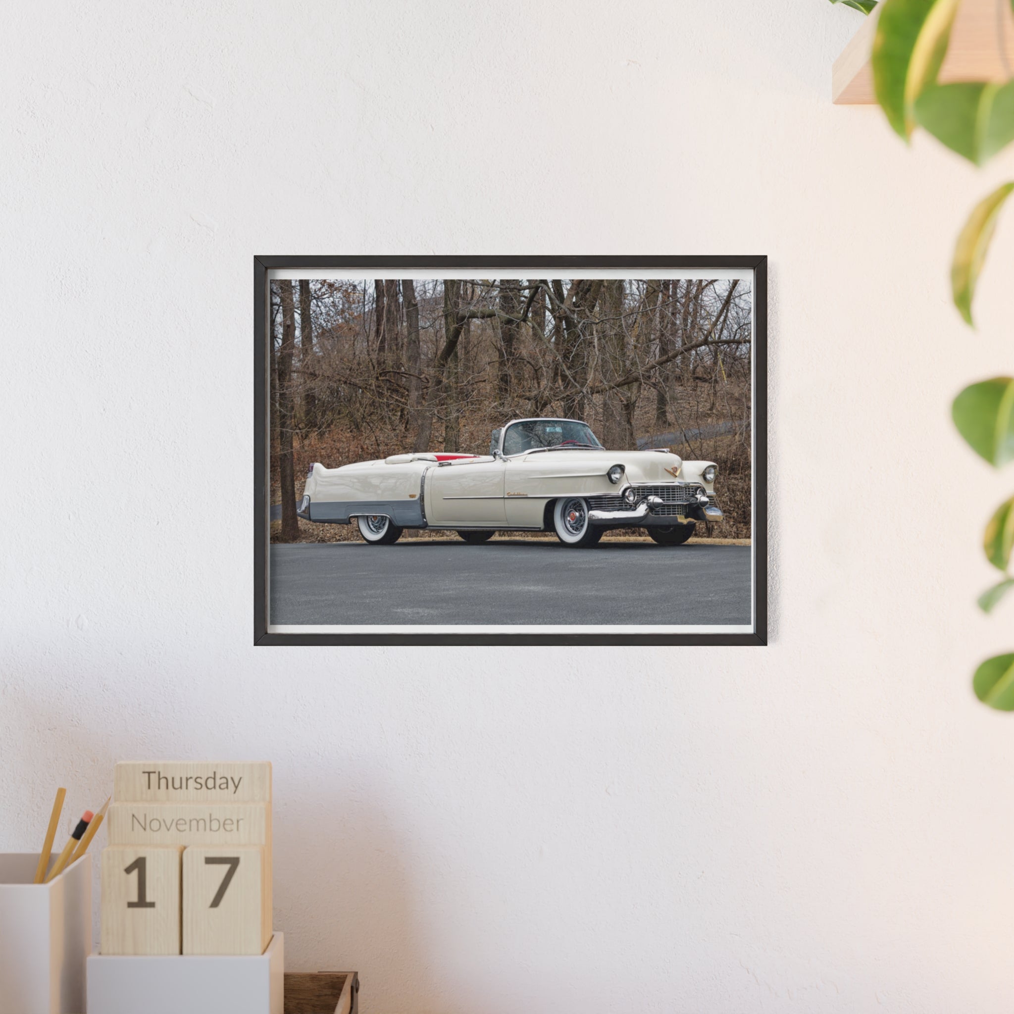 Vintage 1950s White Cadillac Poster with Wooden Frame - Classic Car Wall Art