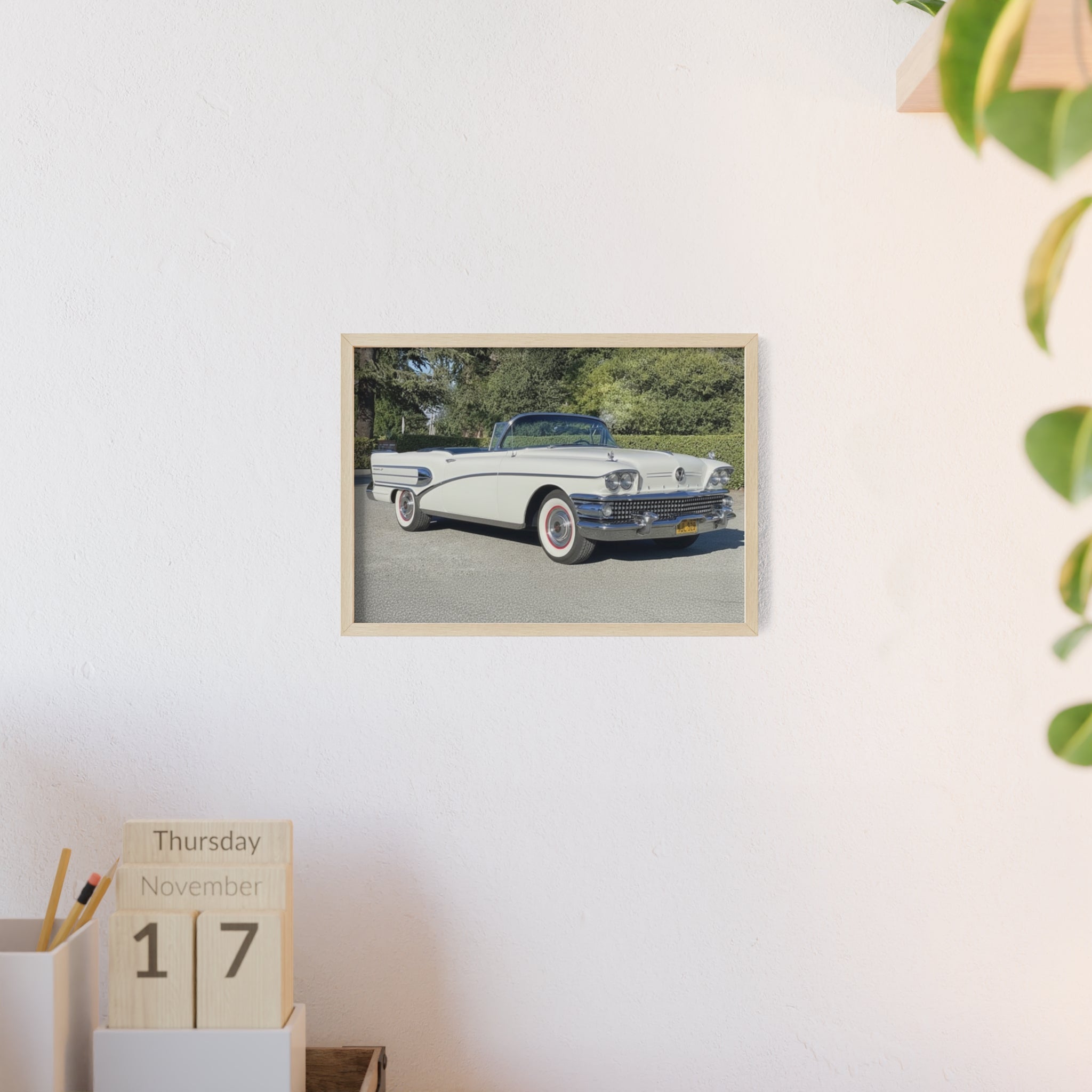 Classic White Convertible Car Poster with Wooden Frame — Vintage Auto Wall Art