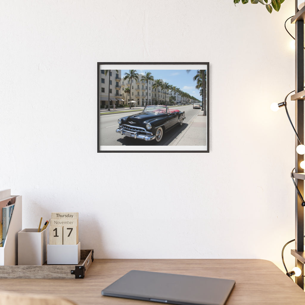 Vintage Convertible on Ocean Drive Framed Poster – Retro Classic Car Wall Art
