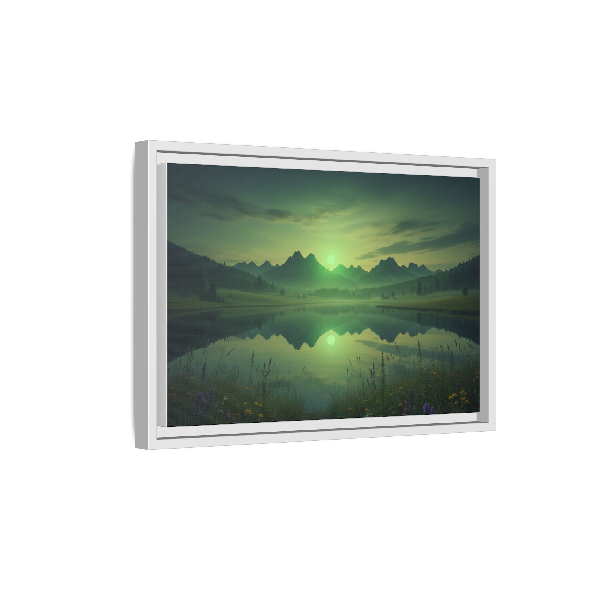 Framed Matte Canvas Print — Serene Green Mountain Lake Landscape