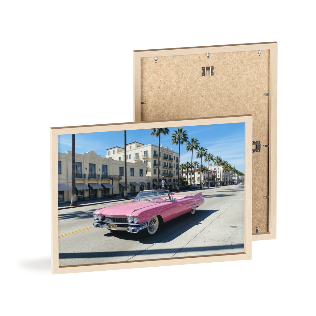 Retro Pink Cadillac Poster with Wooden Frame — Vintage Palm-Drive Wall Art