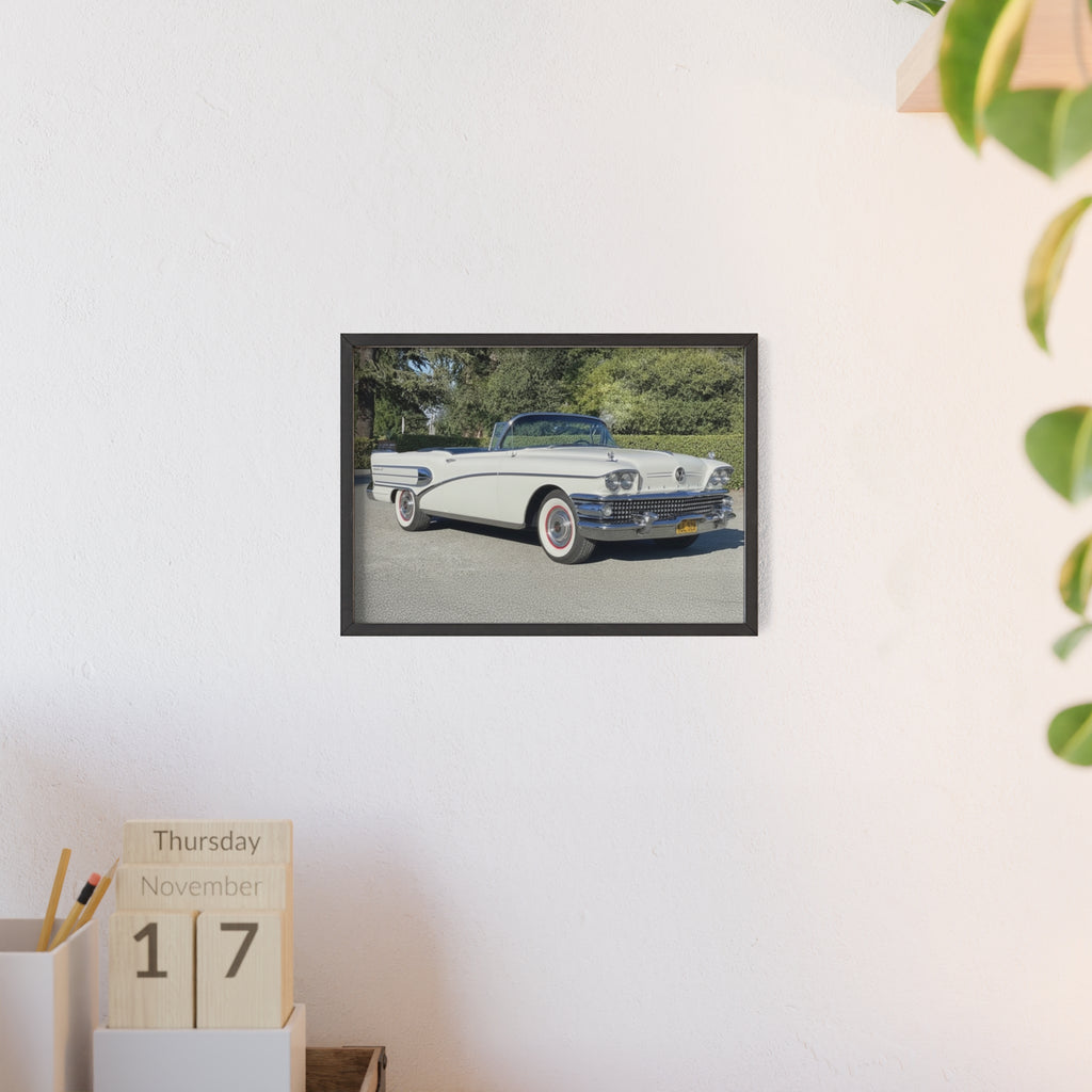 Classic White Convertible Car Poster with Wooden Frame — Vintage Auto Wall Art