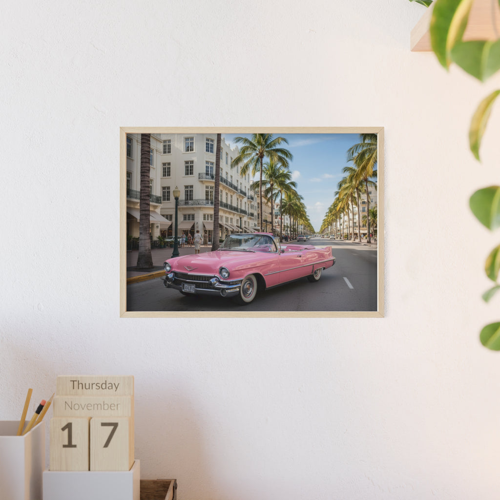 Vintage Pink Cadillac Wall Poster with Wooden Frame — Retro Miami Palm Street Photography