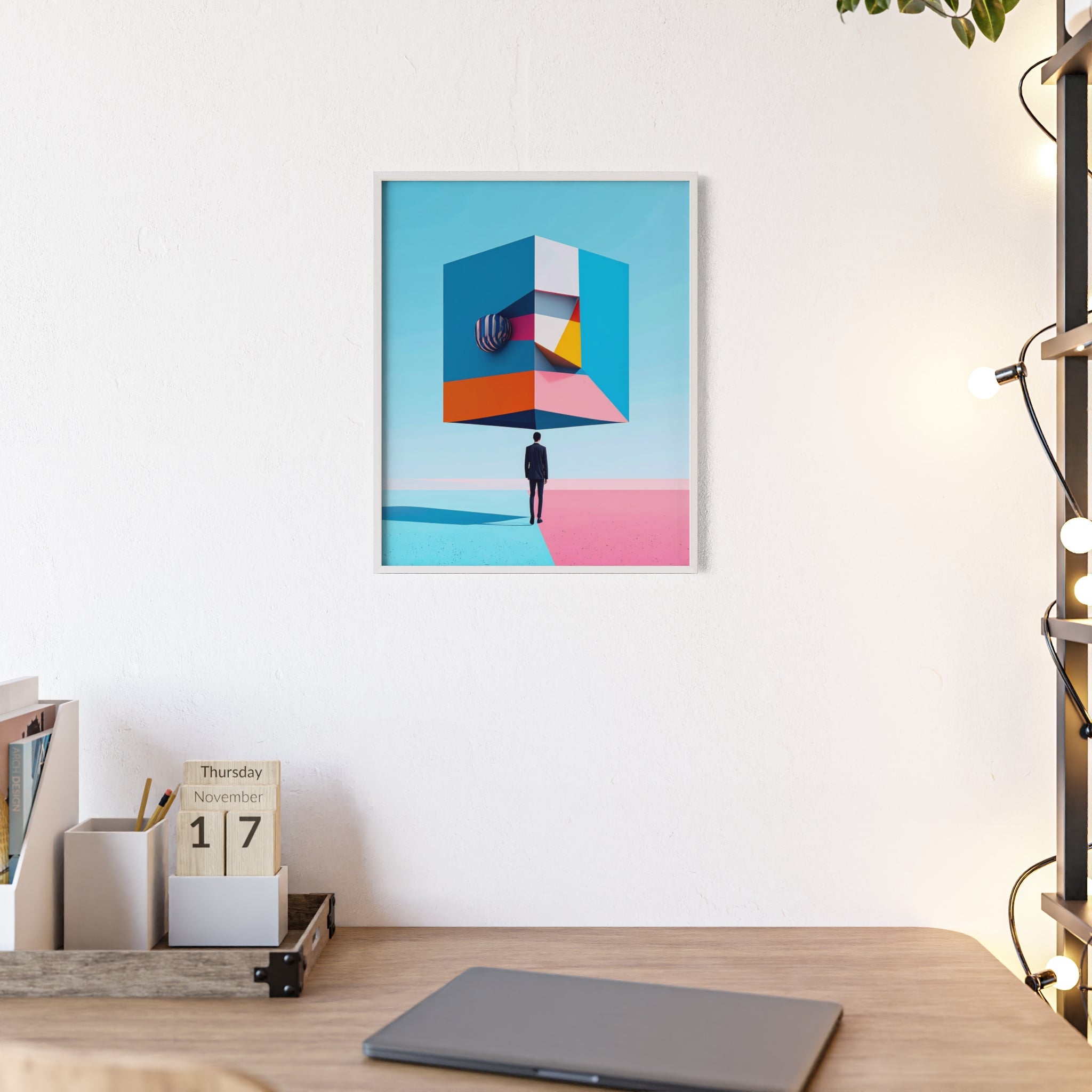 Surreal Geometric Art Poster with Wooden Frame — Modern Minimal Wall Decor