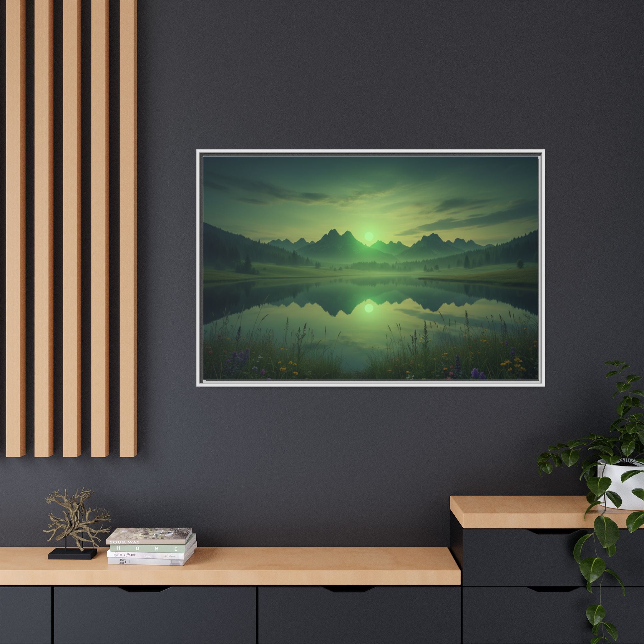 Framed Matte Canvas Print — Serene Green Mountain Lake Landscape