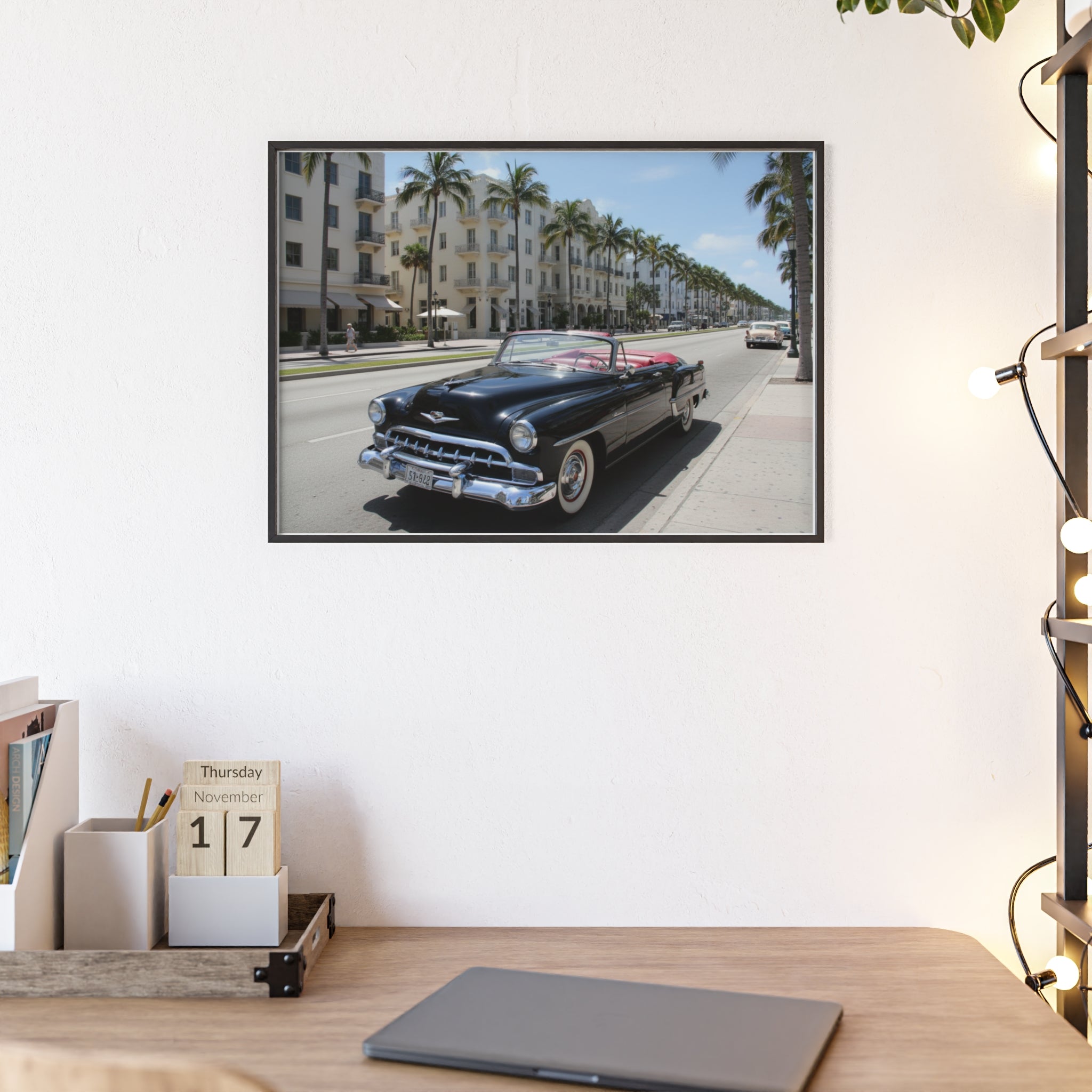 Vintage Convertible on Ocean Drive Framed Poster – Retro Classic Car Wall Art