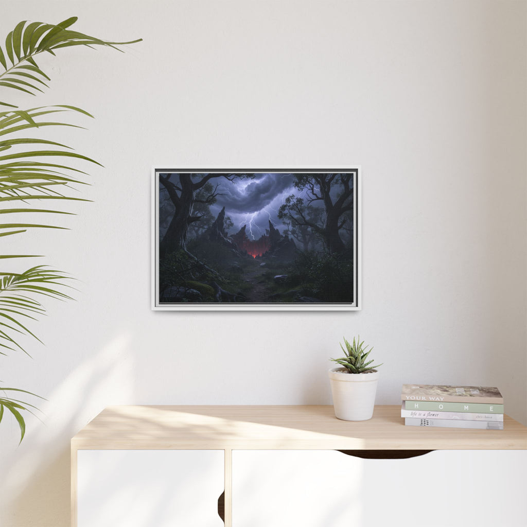 Dark Storm Forest Framed Canvas Print — Lightning, Haunted Castle Art