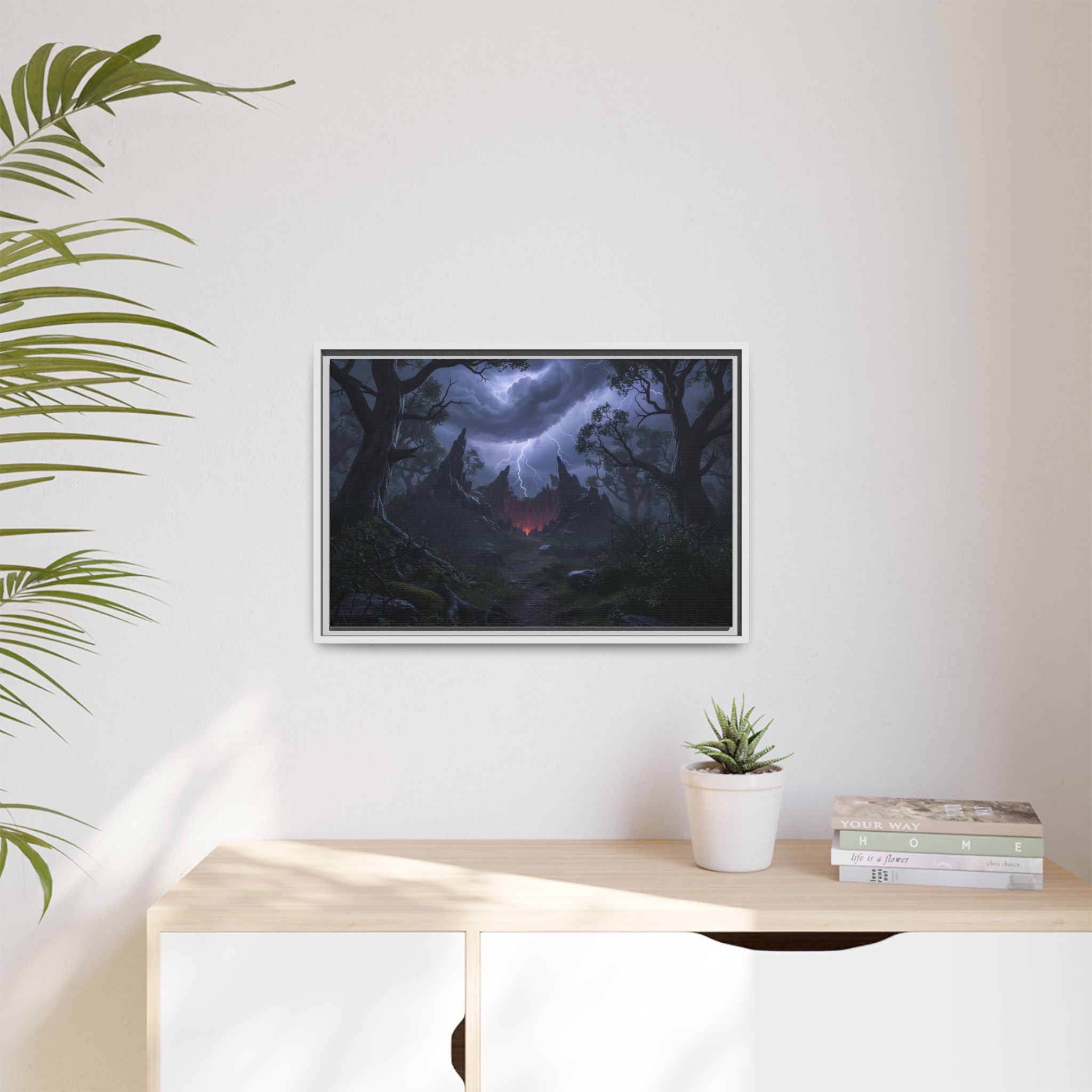 Dark Storm Forest Framed Canvas Print — Lightning, Haunted Castle Art