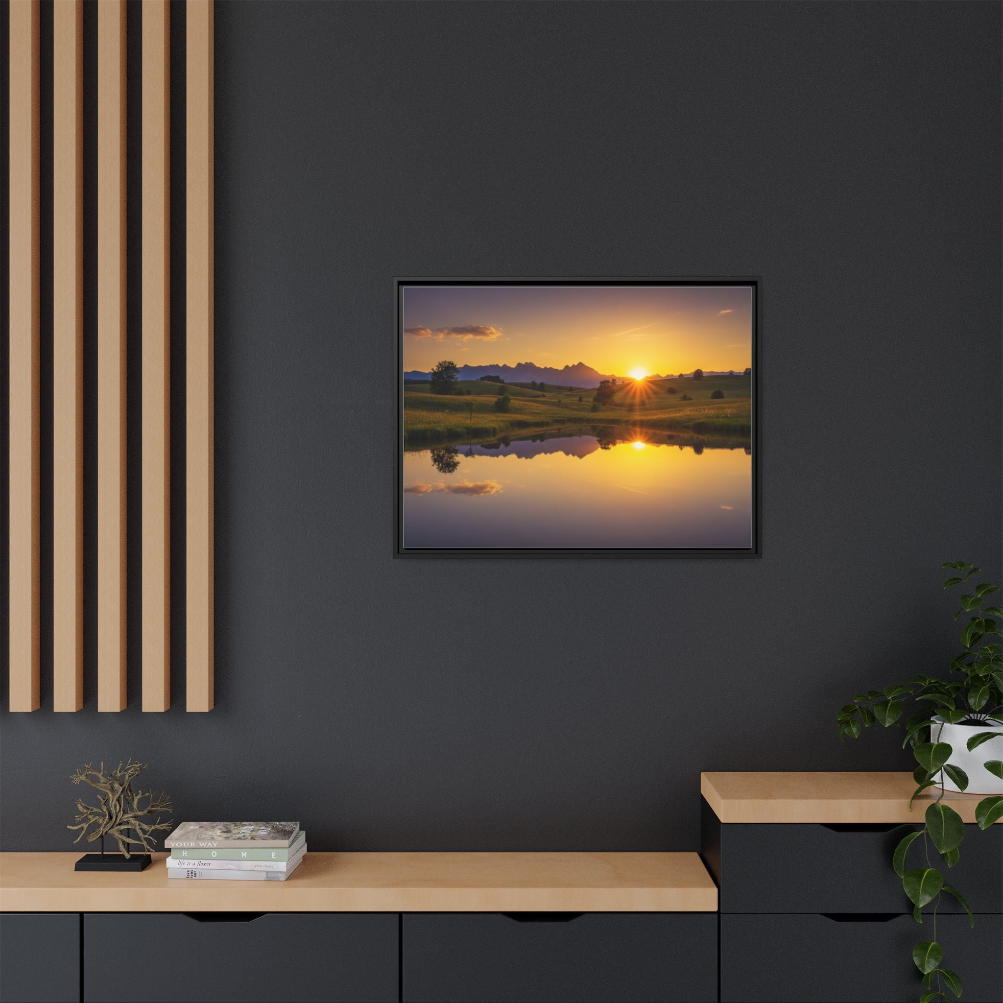 Framed Matte Canvas Sunset Landscape — Serene Lake Reflection Wall Art