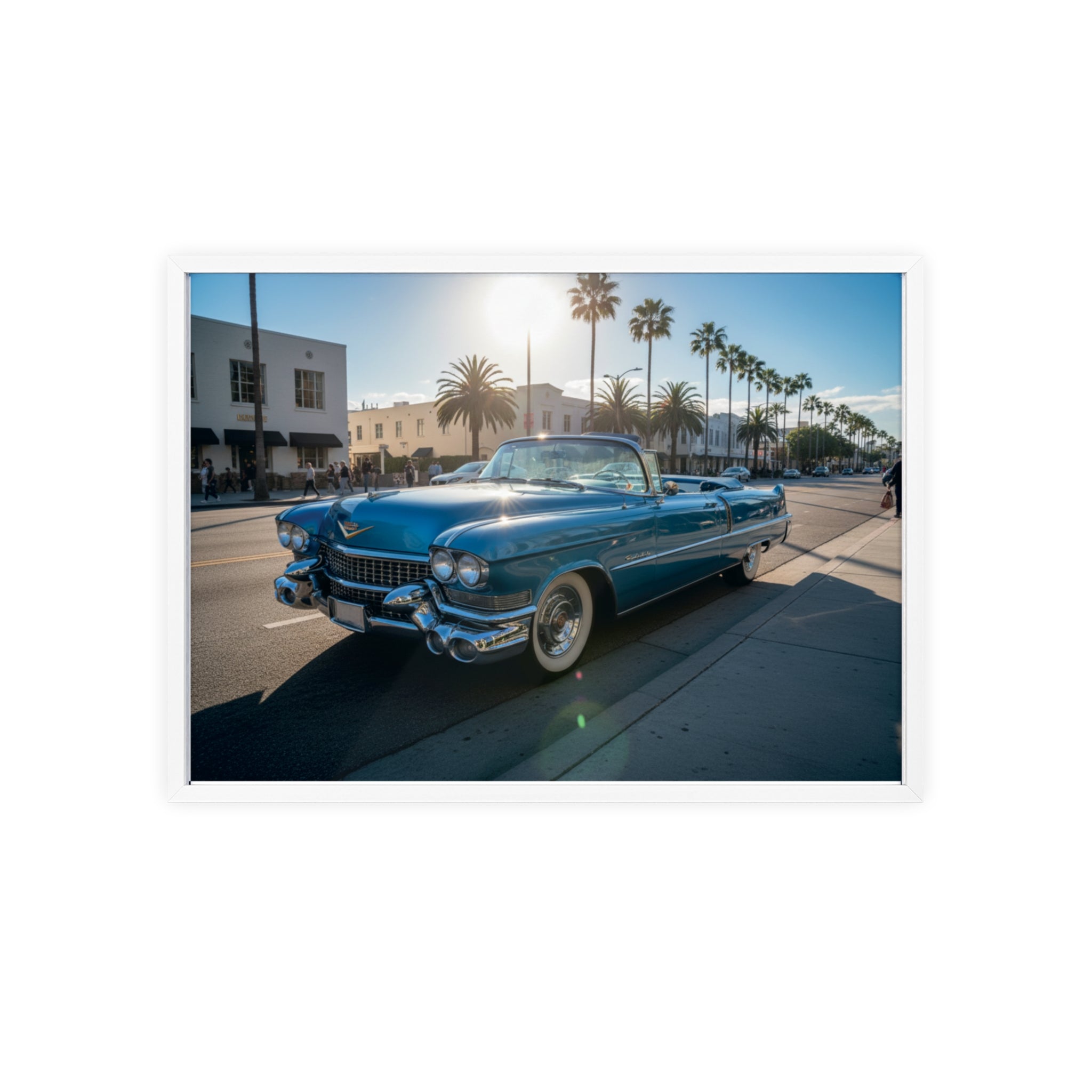 Framed Vintage Cadillac Poster – Retro Palm-Tree Coastal Car Wall Art