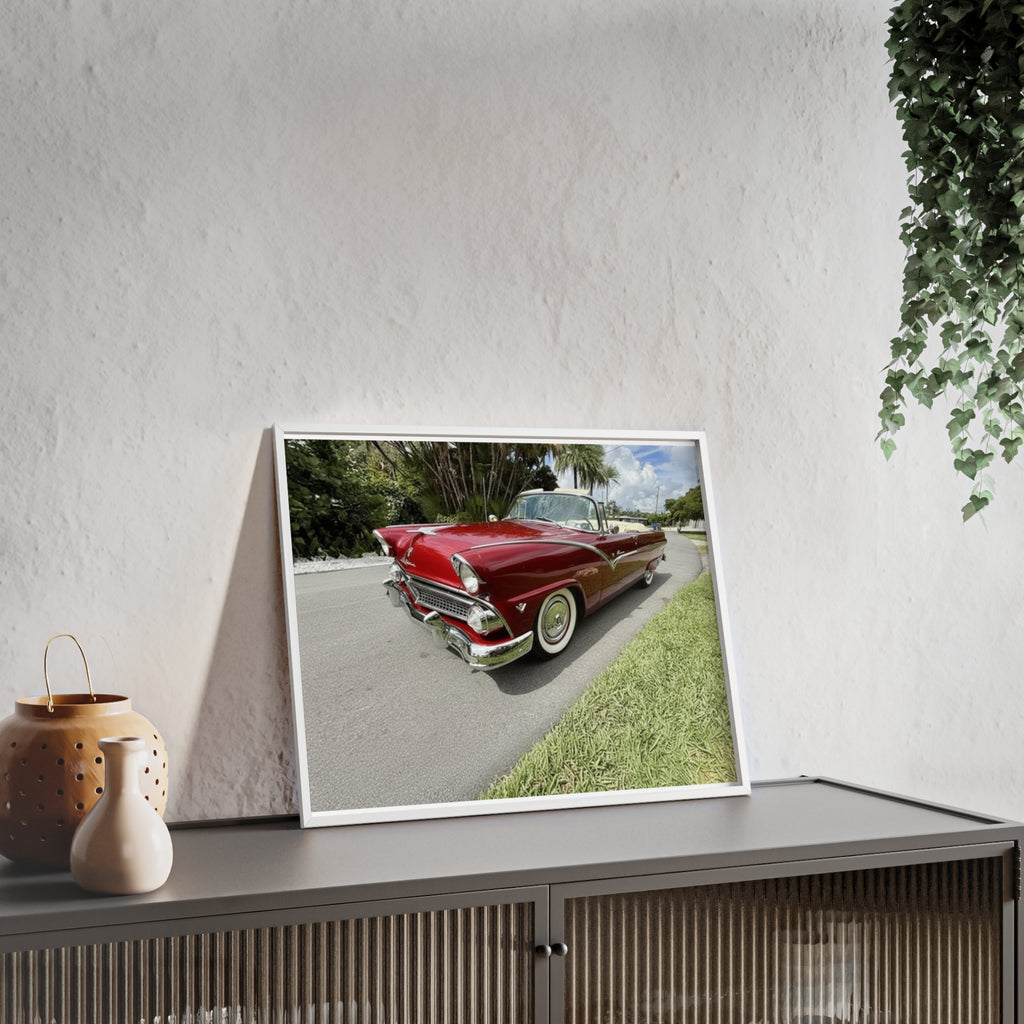 Vintage Red Convertible Poster with Wooden Frame — Classic Car Wall Art