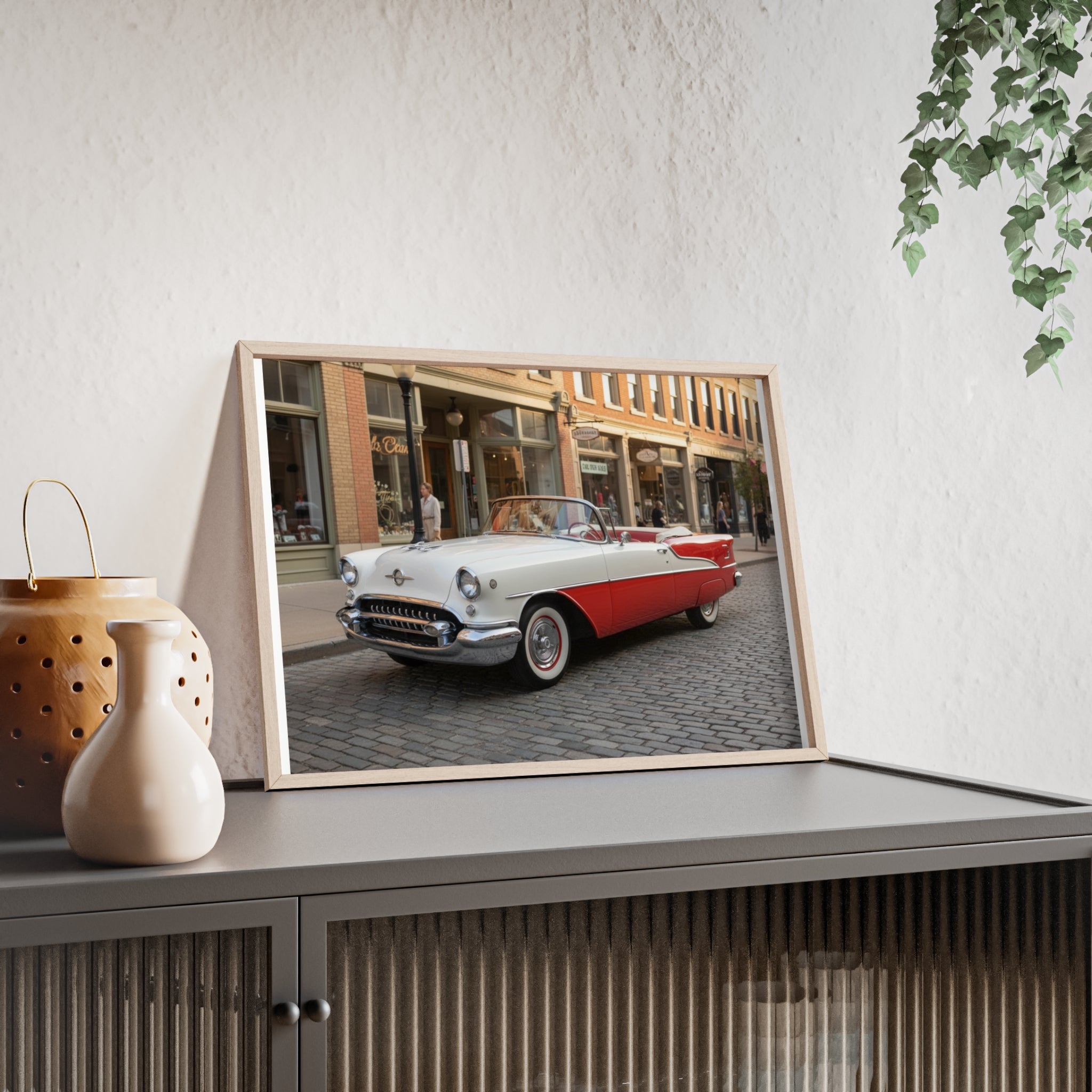 Vintage Red & White Convertible Poster with Wooden Frame — Retro Car Wall Art