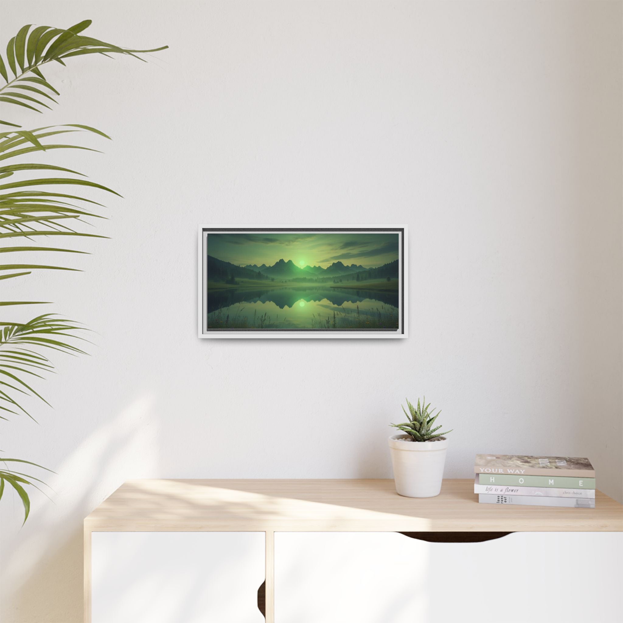 Framed Matte Canvas Print — Serene Green Mountain Lake Landscape
