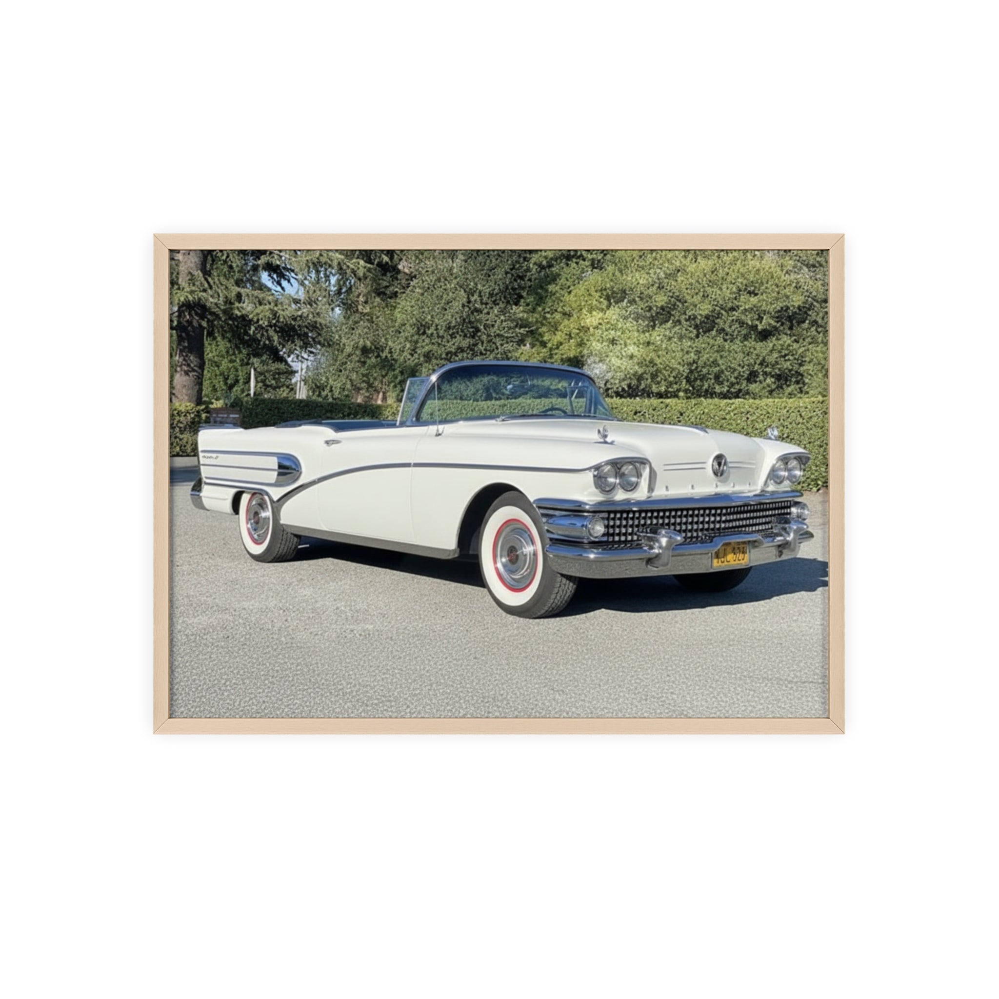 Classic White Convertible Car Poster with Wooden Frame — Vintage Auto Wall Art