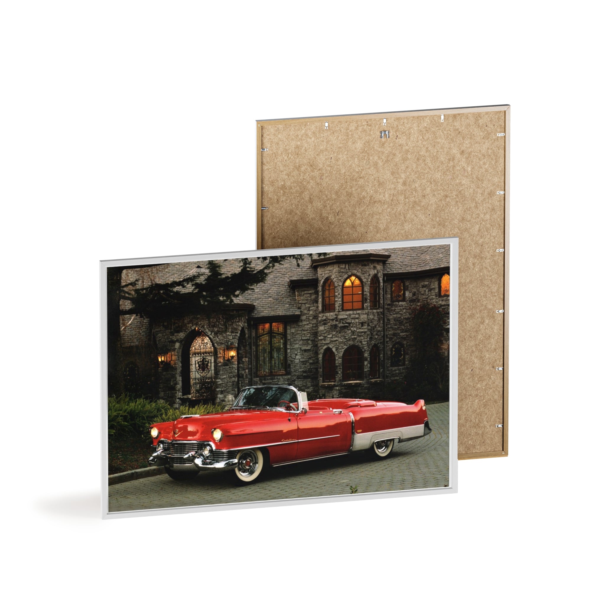 Vintage Red Convertible Poster with Wooden Frame — Classic Car Wall Art