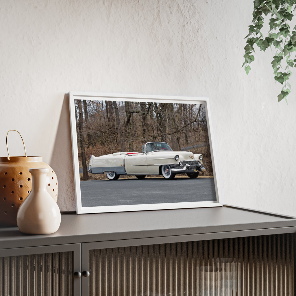 Vintage 1950s White Cadillac Poster with Wooden Frame - Classic Car Wall Art