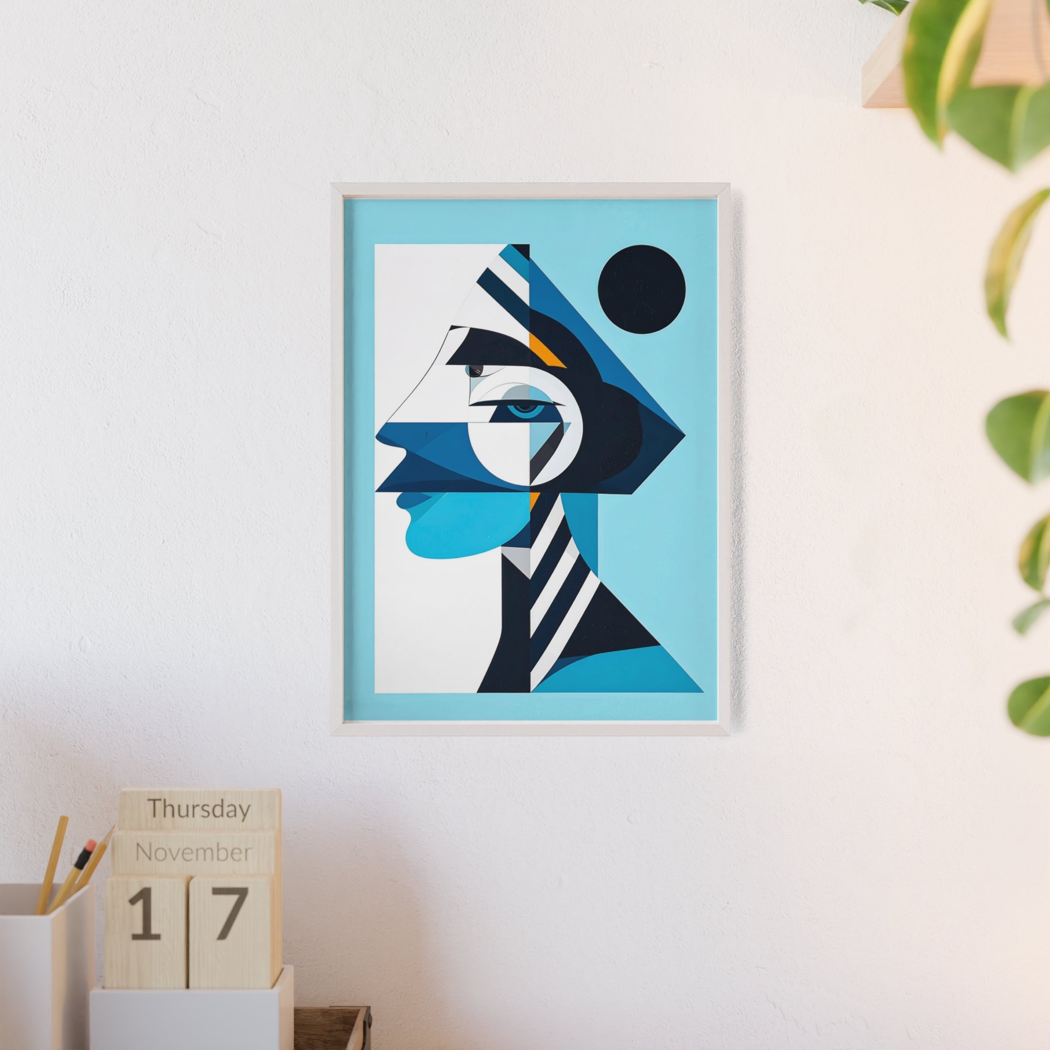 Abstract Geometric Portrait Poster with Wooden Frame — Blue Modern Wall Art