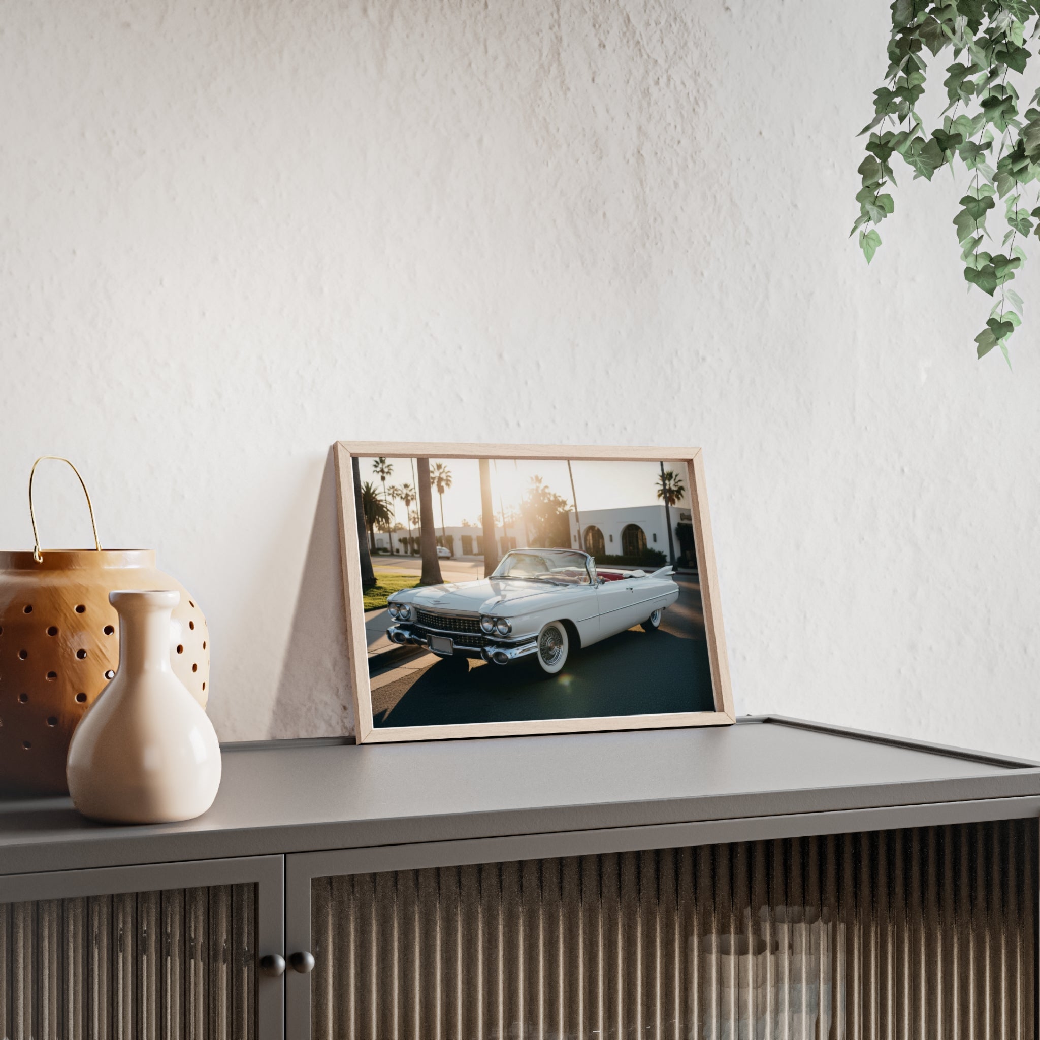 Vintage Cadillac Convertible Poster with Wooden Frame — Retro Palm Trees Sunset Wall Art