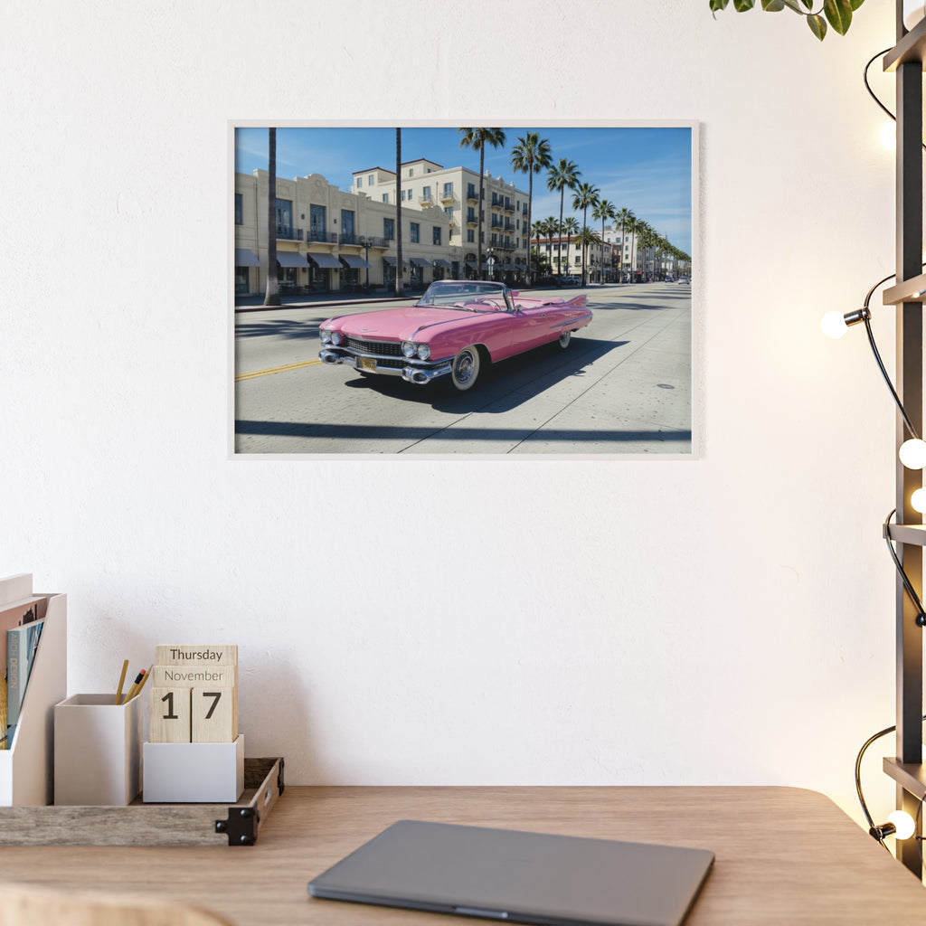 Retro Pink Cadillac Poster with Wooden Frame — Vintage Palm-Drive Wall Art