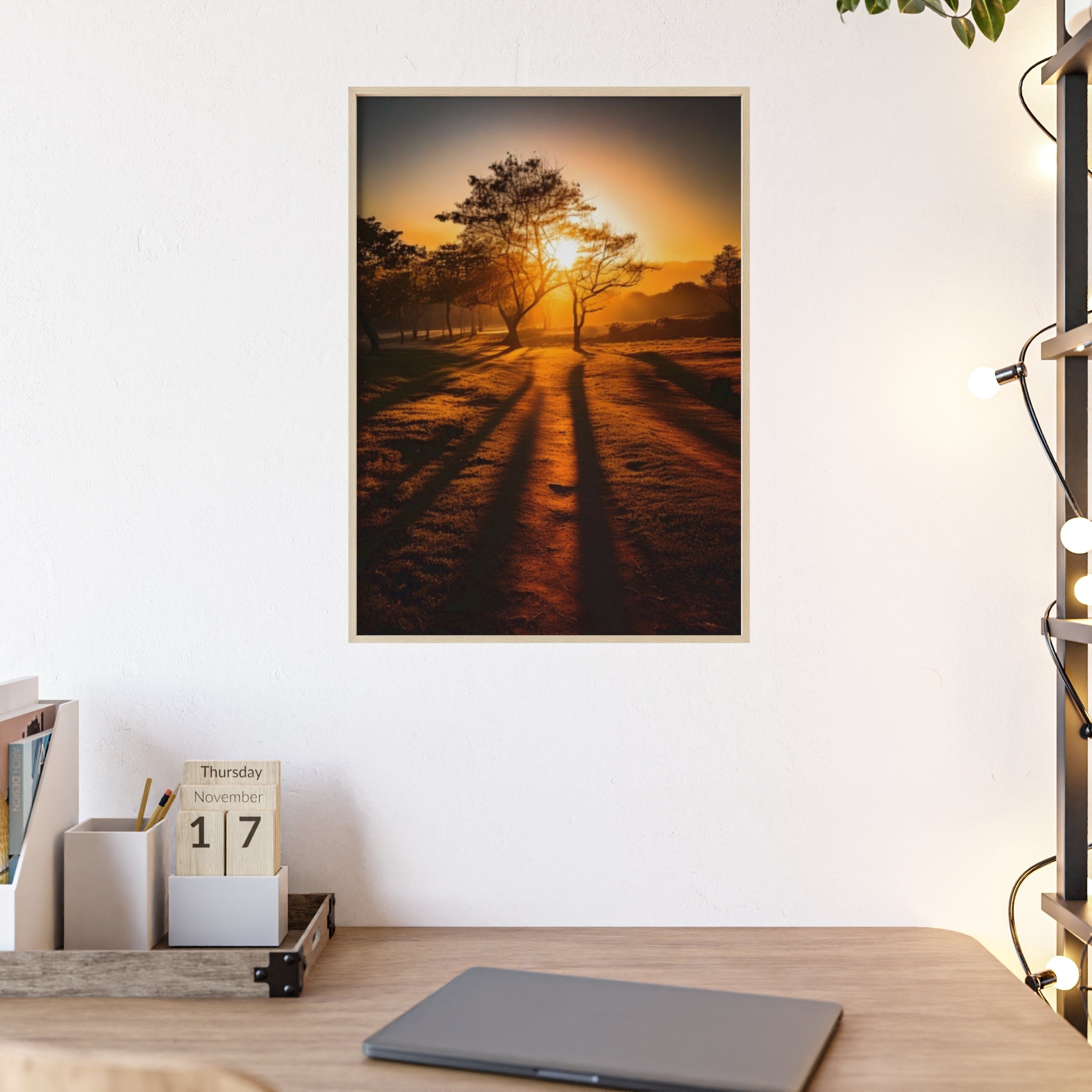 Sunrise Forest Poster — Framed Wooden Wall Art (Sunlit Trees)